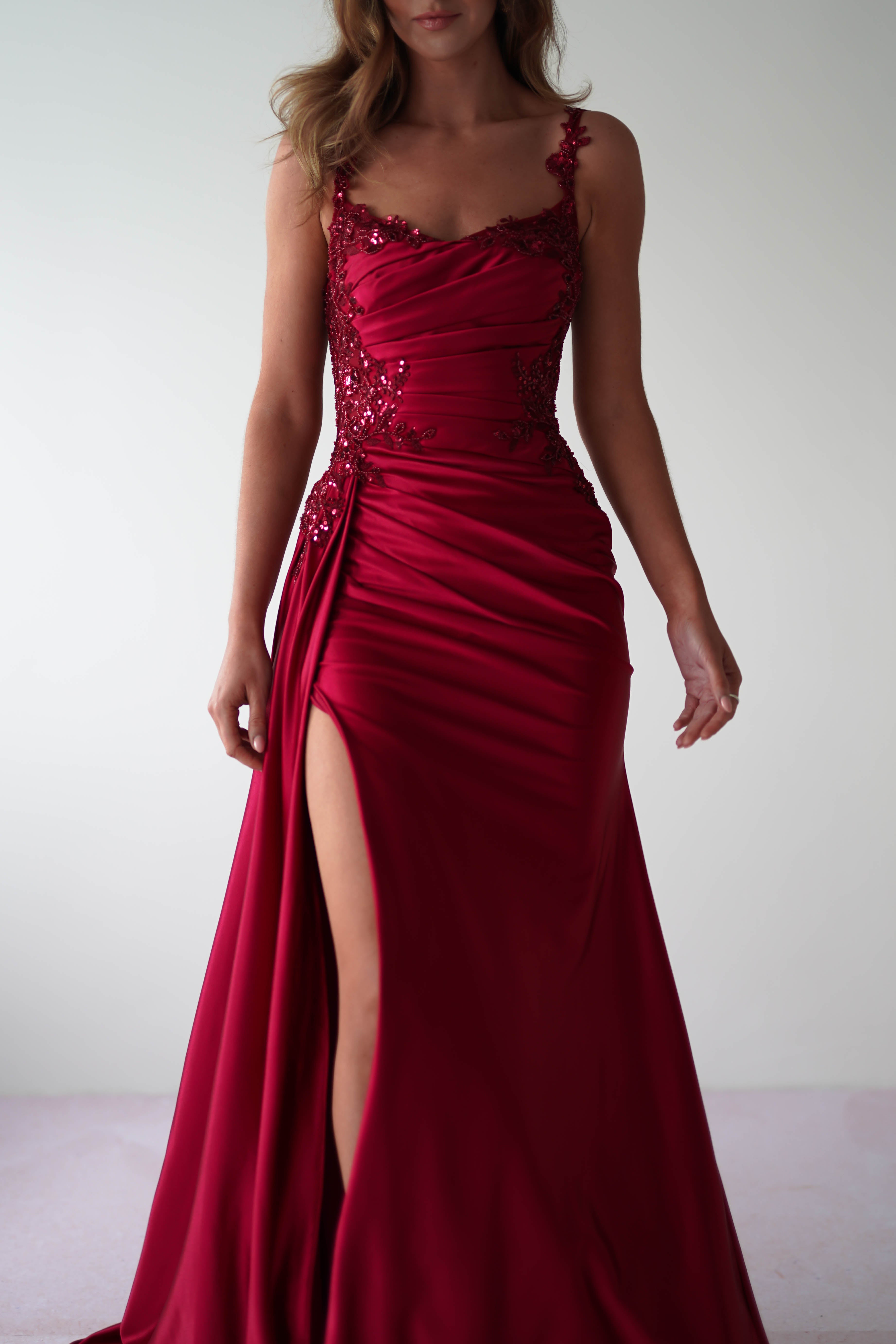 Cindy Pleated Bodice Gown in burgundy – full length view | Velora premium burgundy dresses
