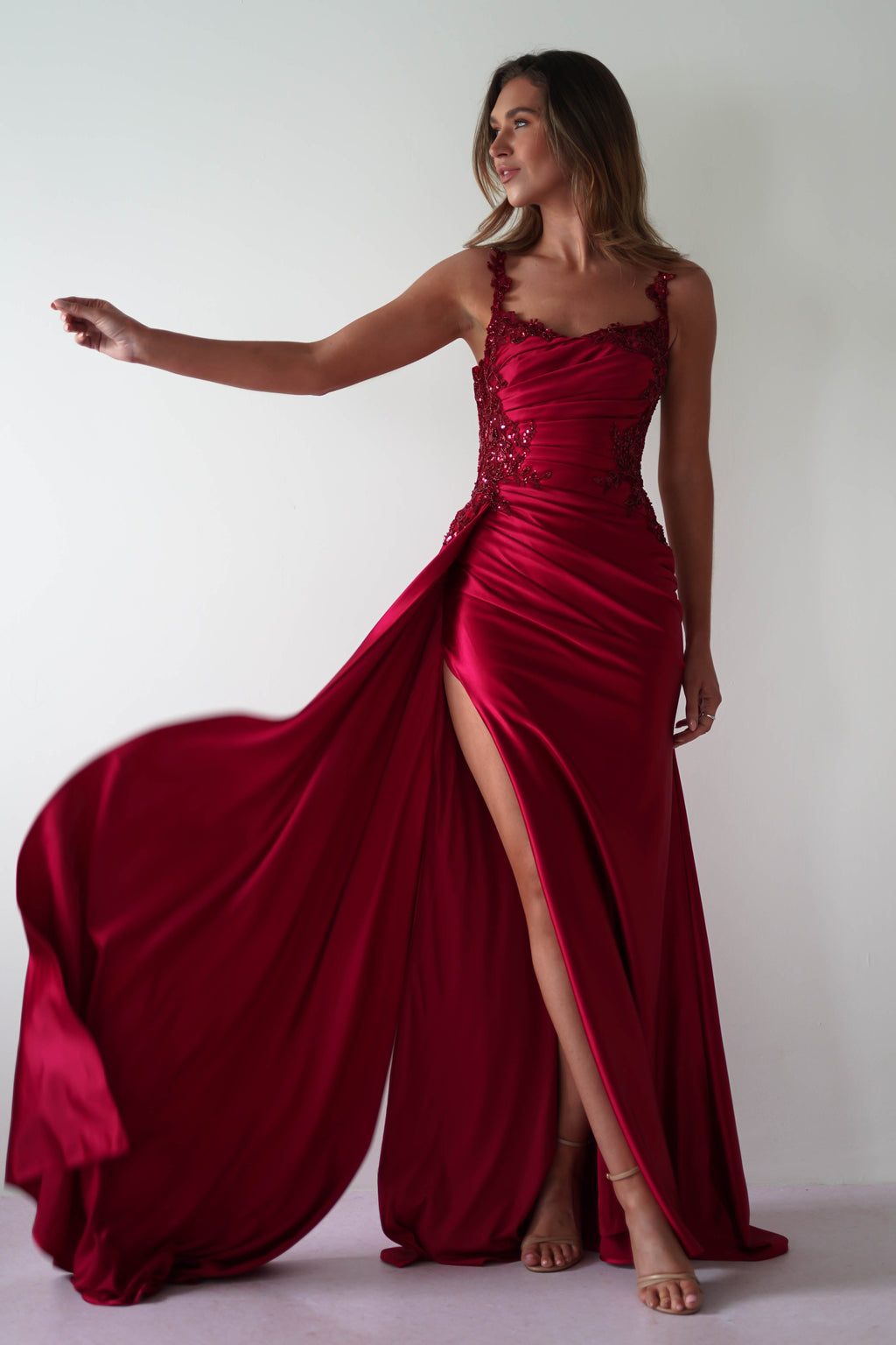 Cindy Pleated Bodice Gown in burgundy – side view | Velora premium burgundy dresses