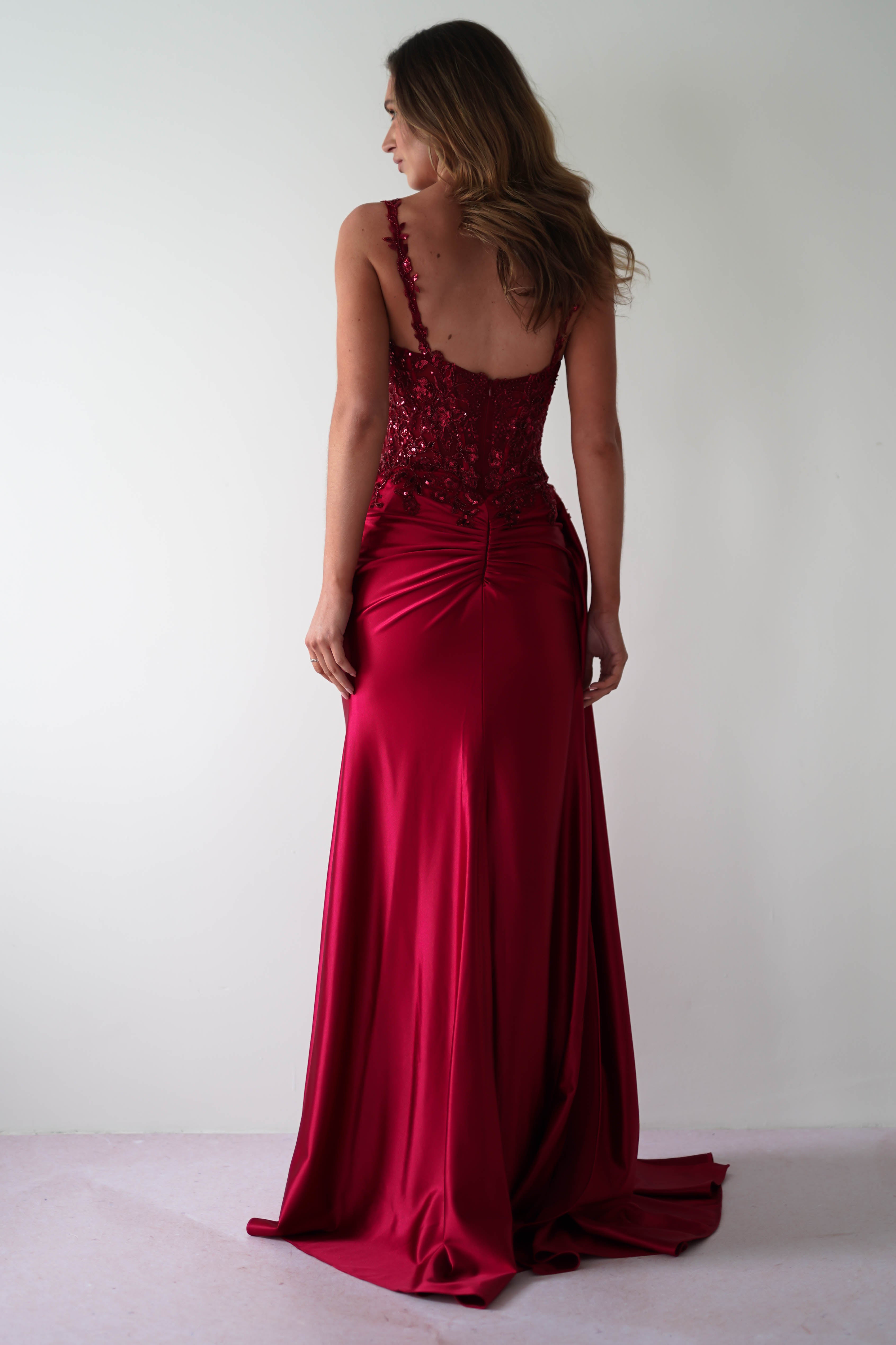 Cindy Pleated Bodice Gown in burgundy – back view | Velora premium burgundy dresses