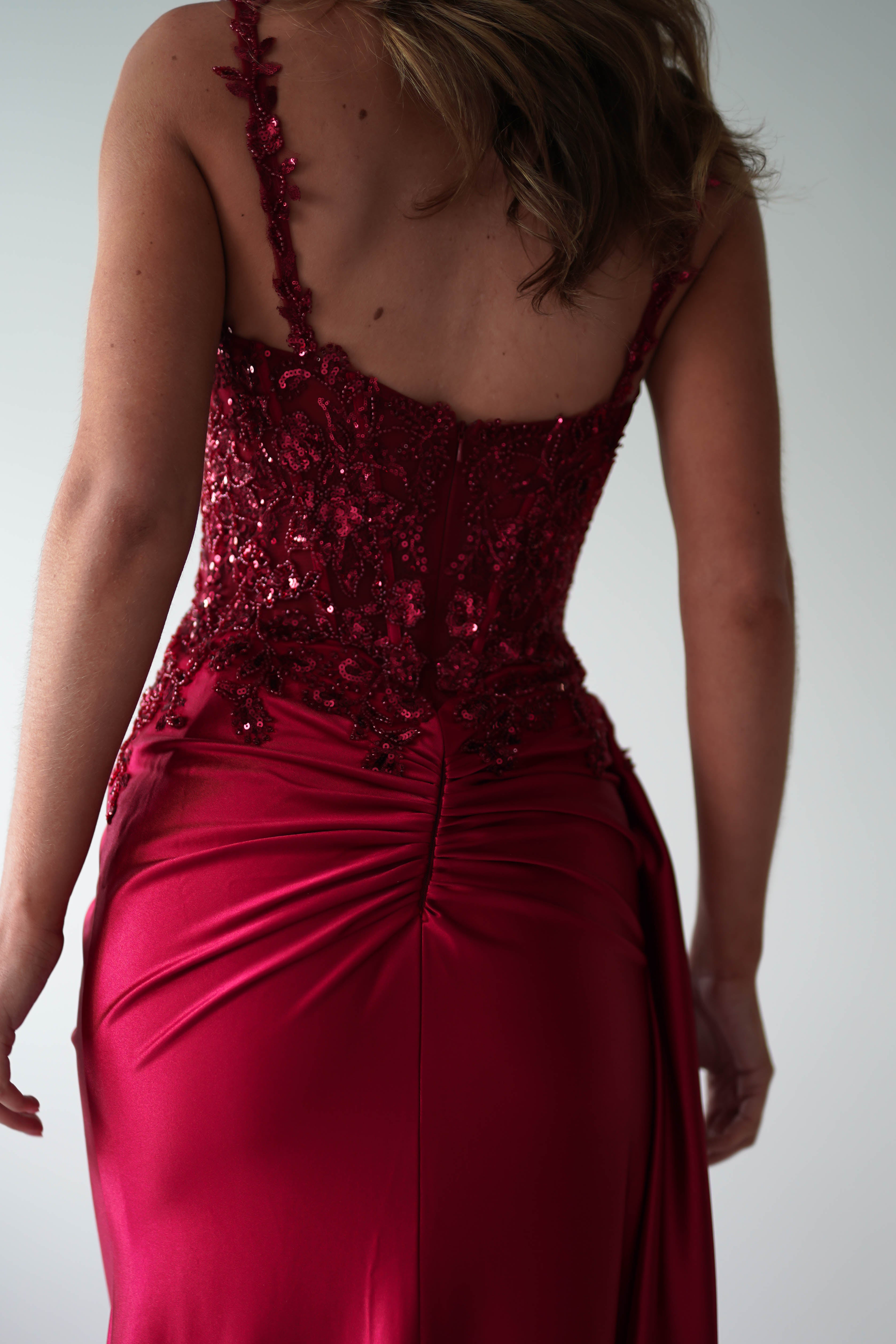 Cindy Pleated Bodice Gown in burgundy – fabric detail | Velora premium burgundy dresses
