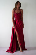 Cindy Pleated Bodice Gown in burgundy – front view | Velora premium burgundy dresses