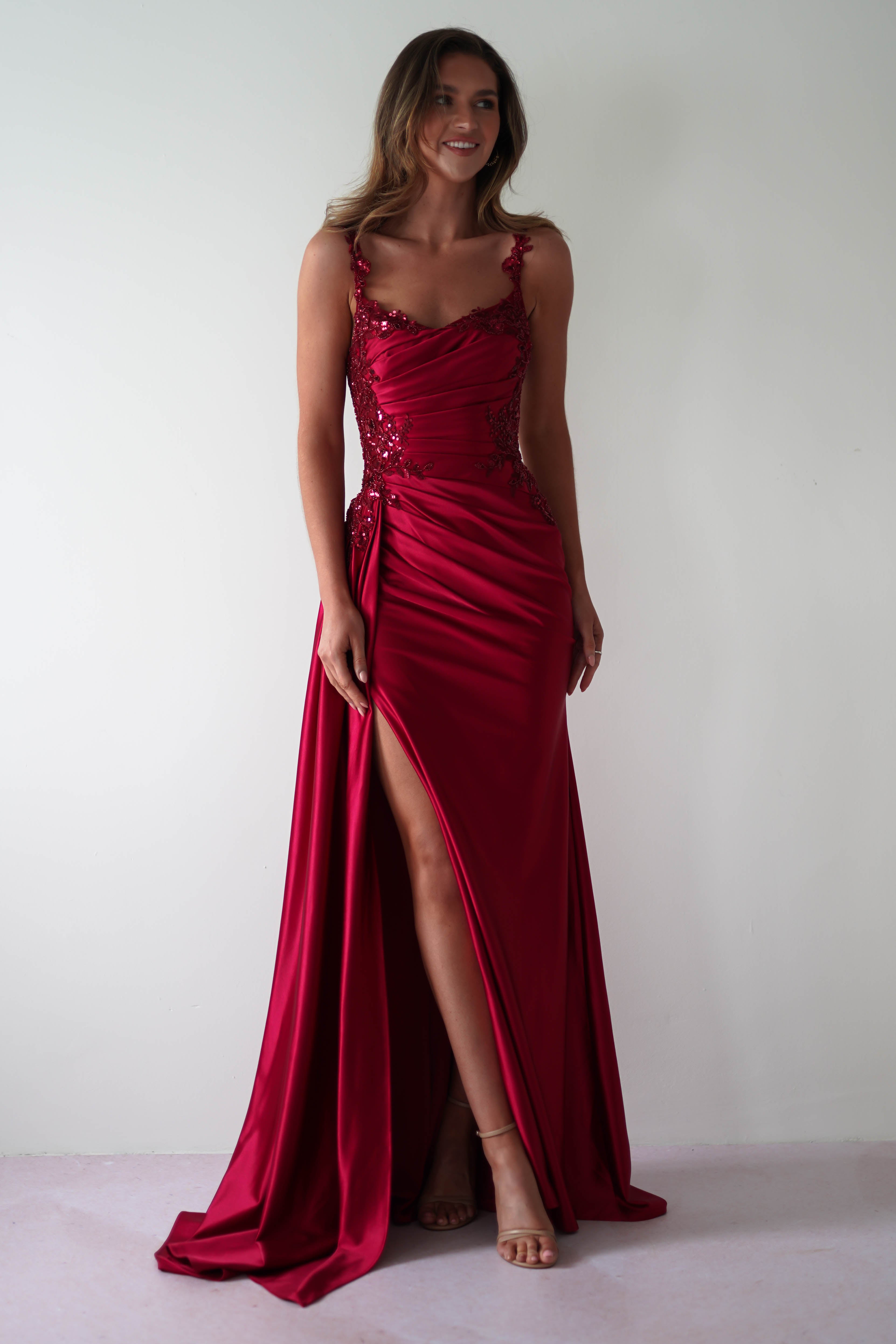 Cindy Pleated Bodice Gown in burgundy – front view | Velora premium burgundy dresses