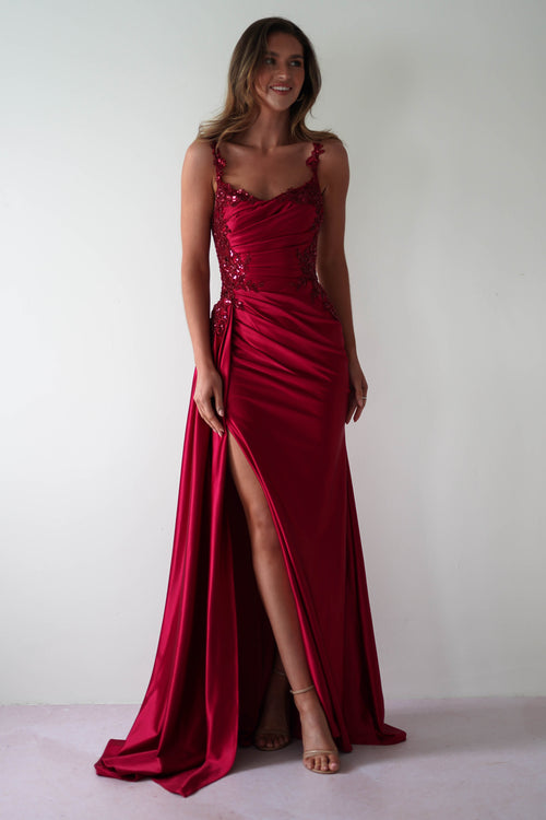 Cindy Pleated Bodice Gown in burgundy – front view | Velora premium burgundy dresses