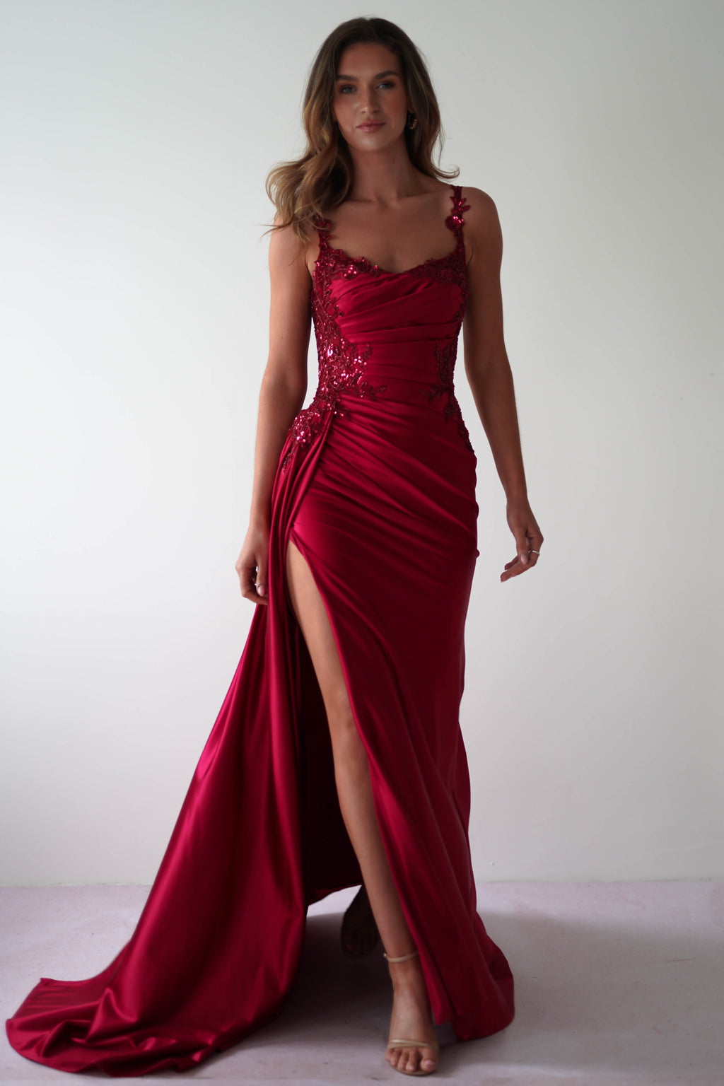 Cindy Pleated Bodice Gown in burgundy – close-up detail | Velora premium burgundy dresses