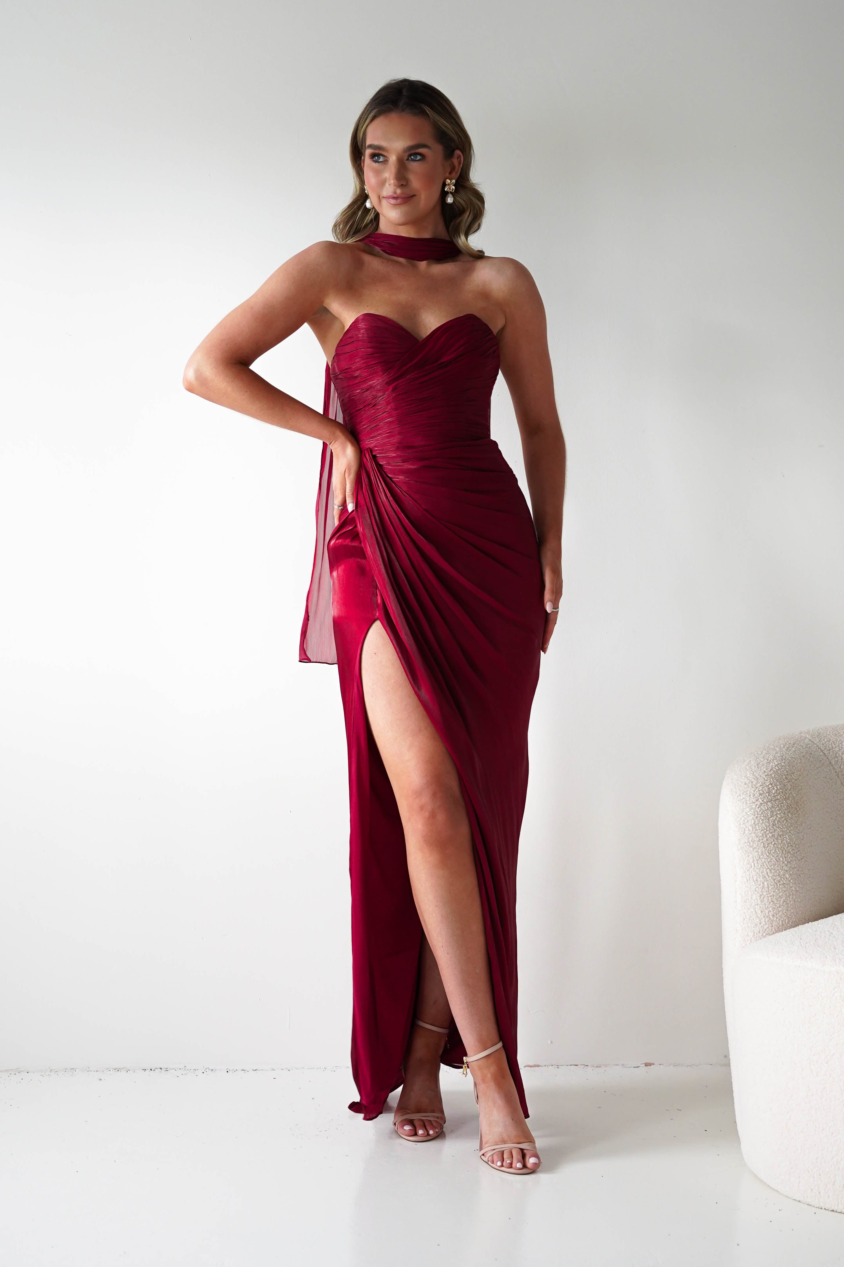 Marielle Glowing Chiffon Strapless Maxi Dress in burgundy – styling detail | Velora premium burgundy dresses