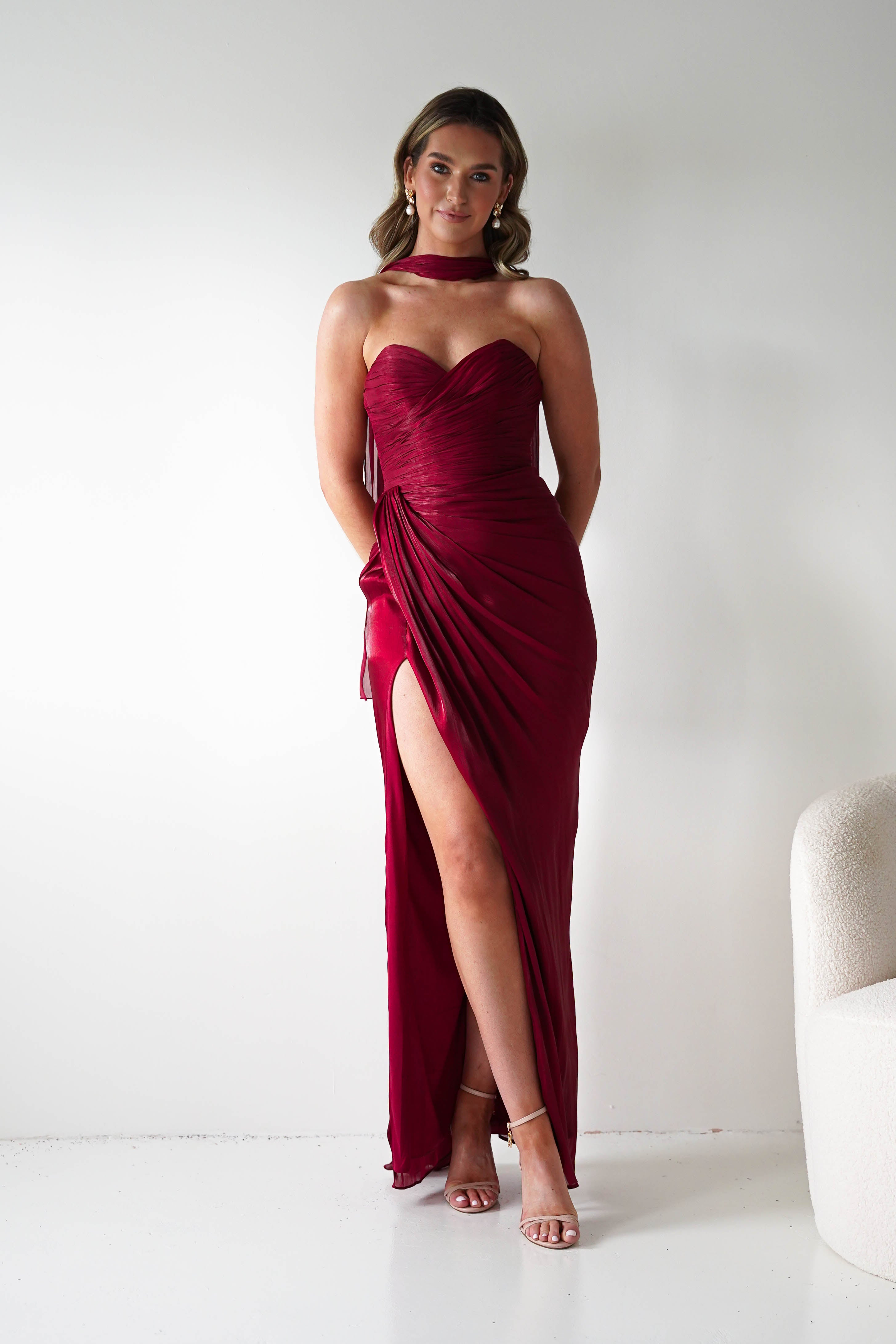 Marielle Glowing Chiffon Strapless Maxi Dress in burgundy – rear zip detail | Velora premium burgundy dresses