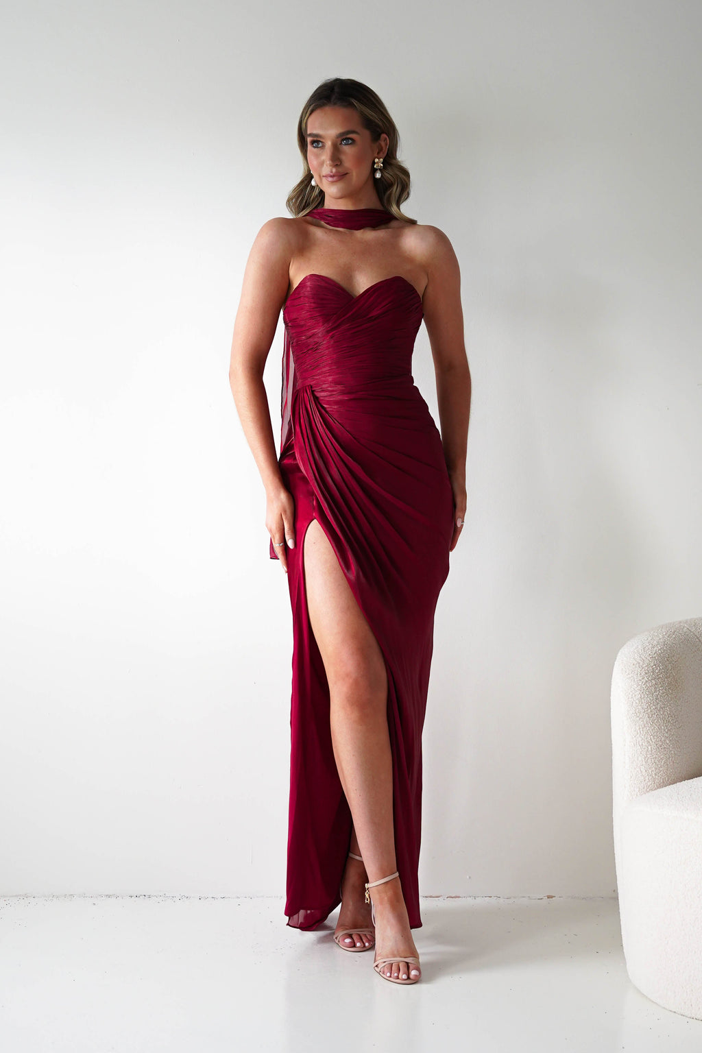 Marielle Glowing Chiffon Strapless Maxi Dress in burgundy – full length view | Velora premium burgundy dresses