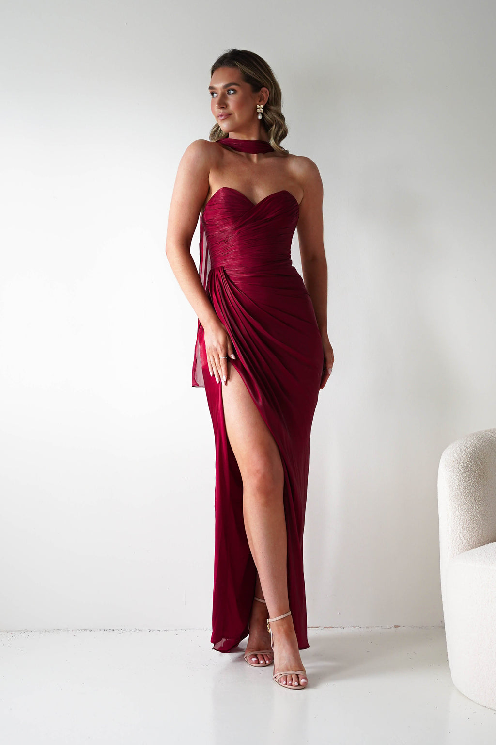 Marielle Glowing Chiffon Strapless Maxi Dress in burgundy – styled with heels | Velora premium burgundy dresses