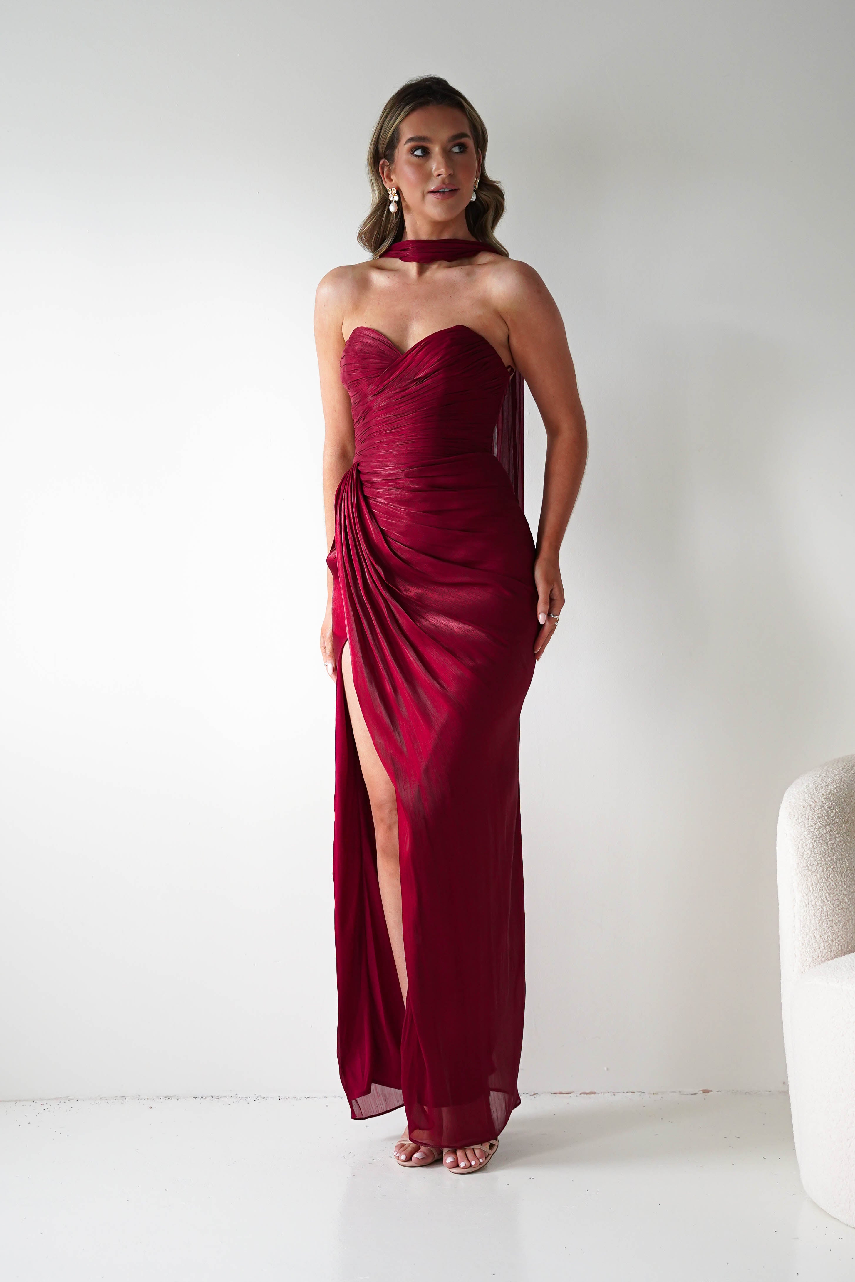 Marielle Glowing Chiffon Strapless Maxi Dress in burgundy – fabric detail | Velora premium burgundy dresses