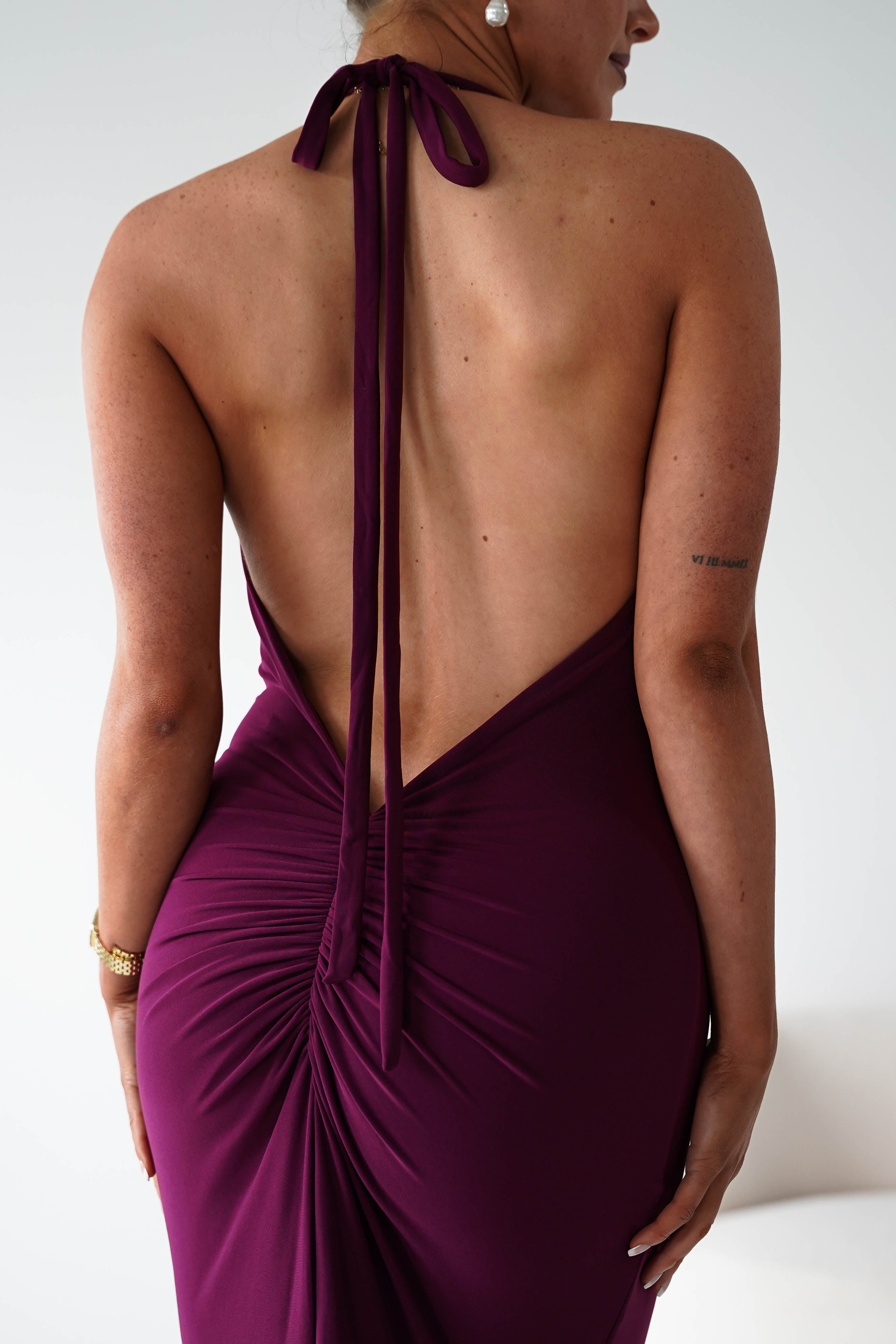 Maia Multi-Way Bodycon Maxi Dress in wine – skirt detail | Velora premium burgundy dresses