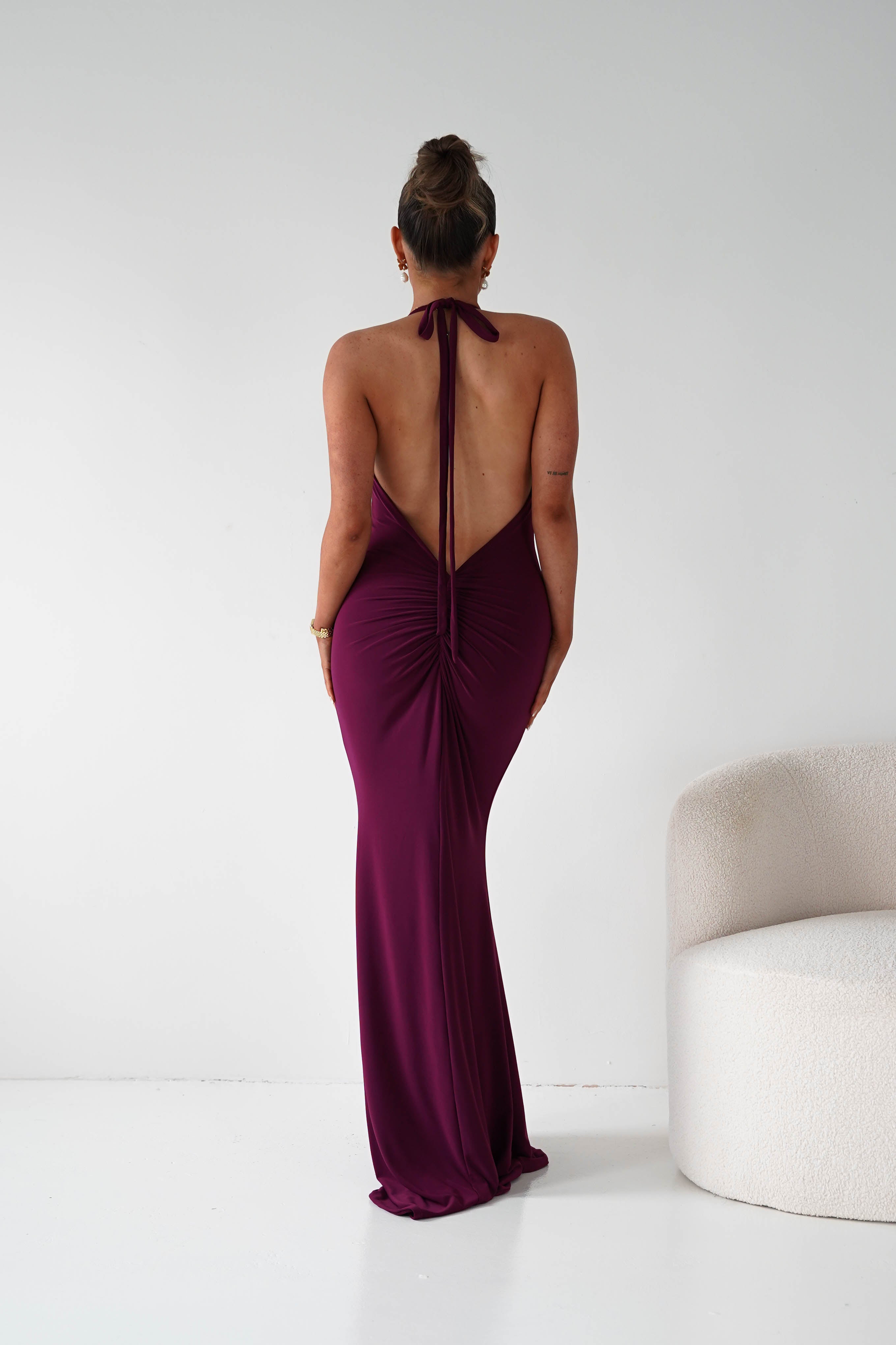 Maia Multi-Way Bodycon Maxi Dress in wine – three-quarter view | Velora premium burgundy dresses