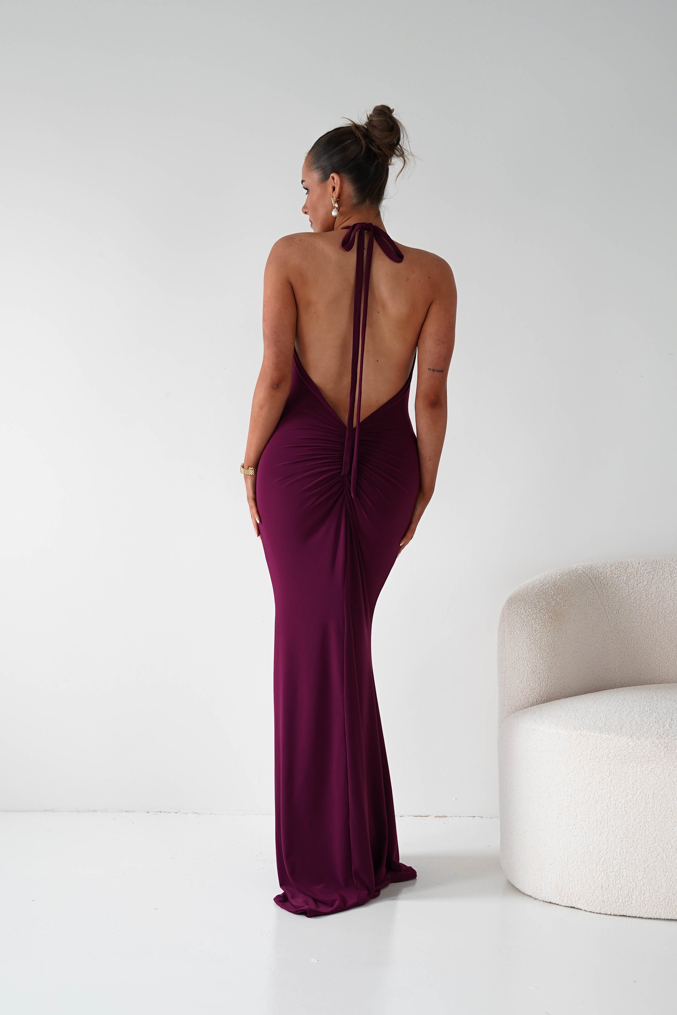 Maia Multi-Way Bodycon Maxi Dress in wine – front view | Velora premium burgundy dresses