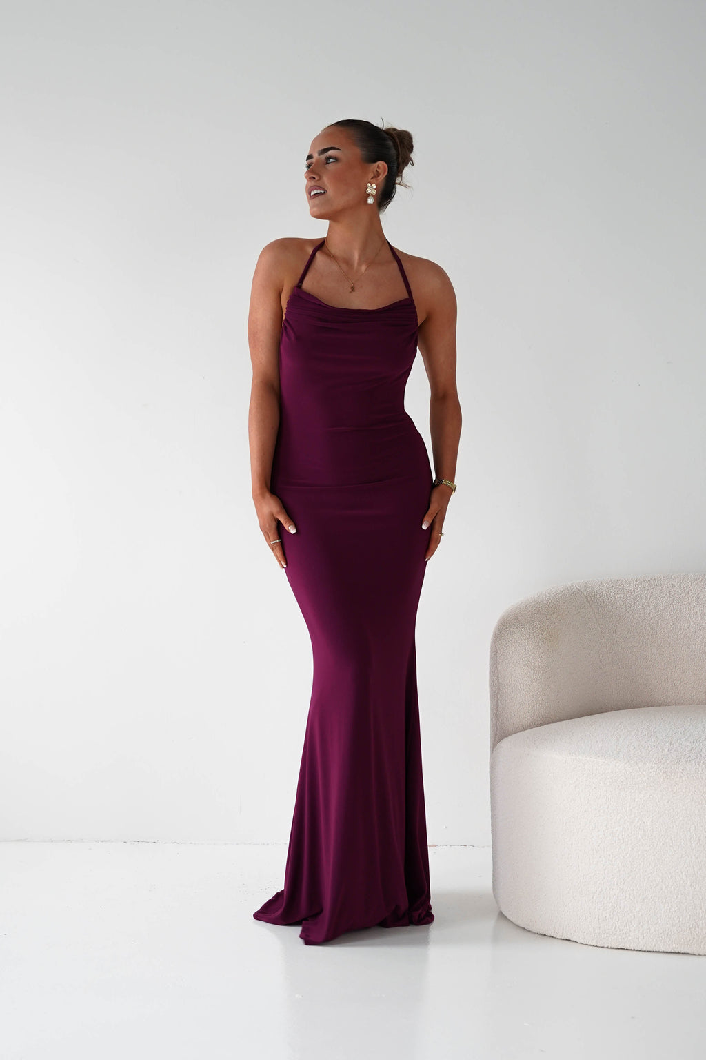 Maia Multi-Way Bodycon Maxi Dress in wine – close-up detail | Velora premium burgundy dresses