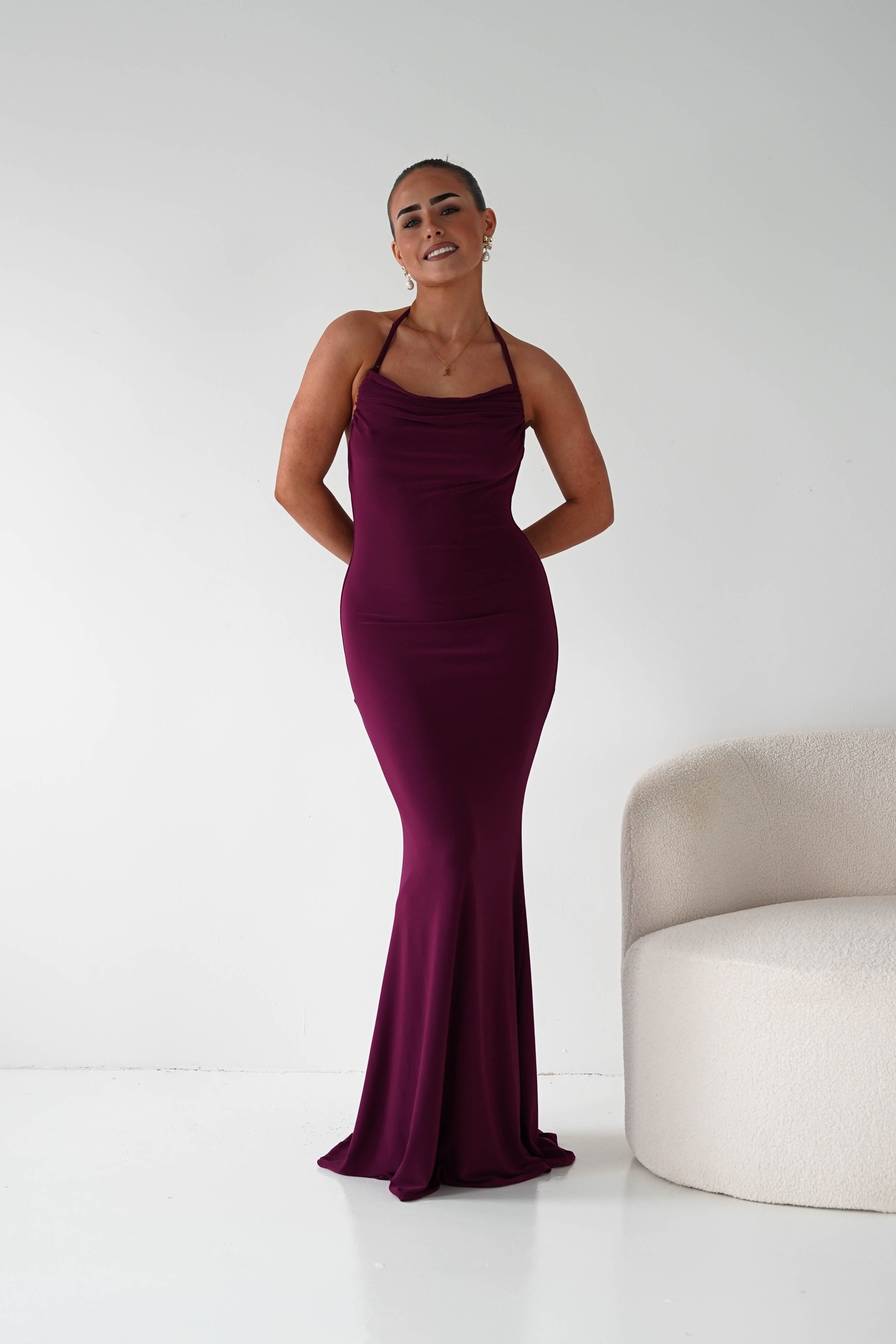 Maia Multi-Way Bodycon Maxi Dress in wine – hem detail | Velora premium burgundy dresses