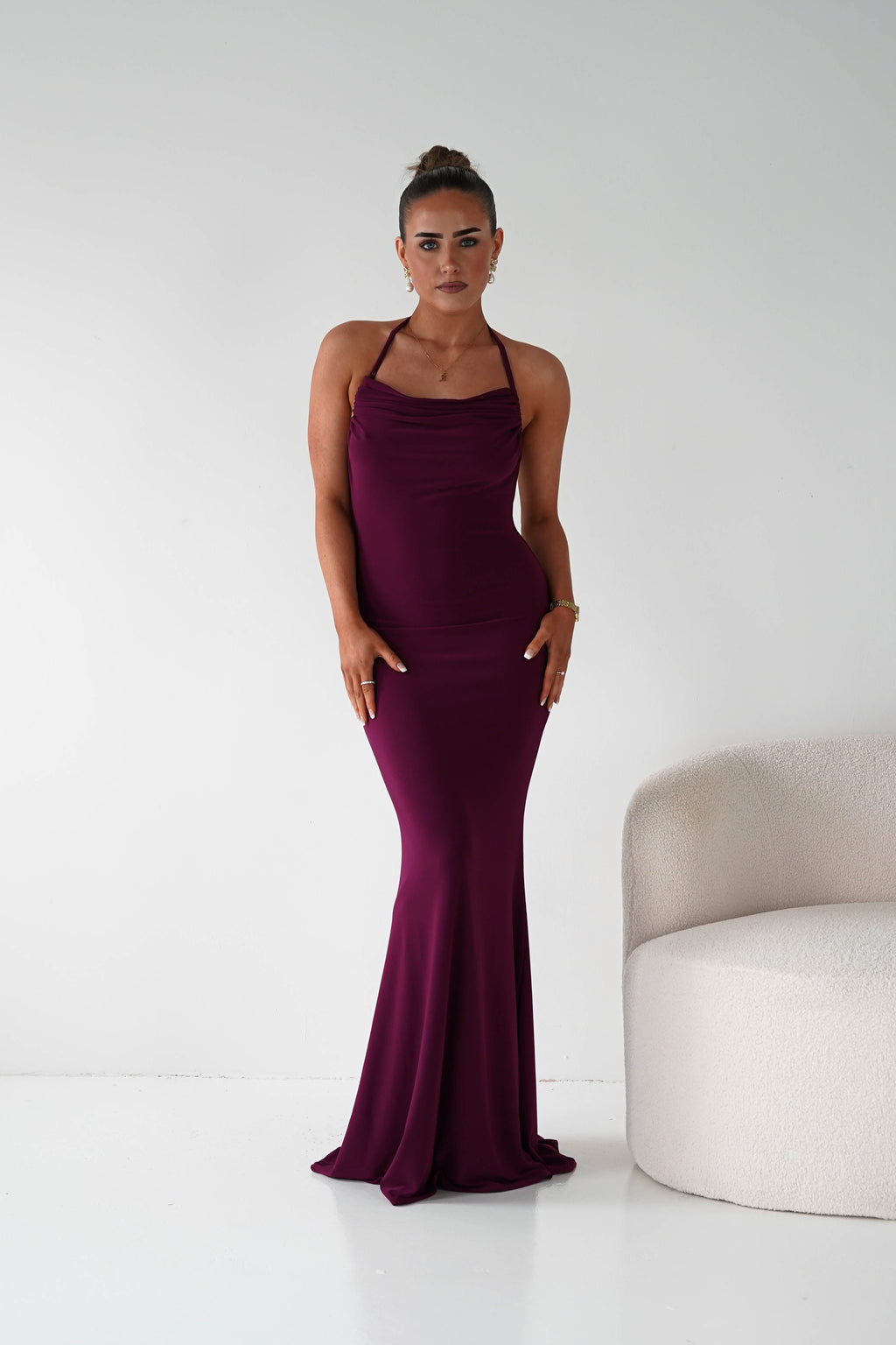 Maia Multi-Way Bodycon Maxi Dress in wine – neckline detail | Velora premium burgundy dresses