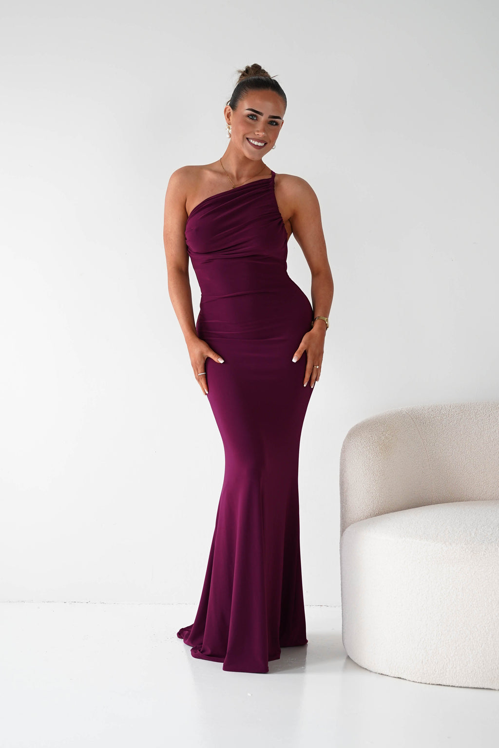 Maia Multi-Way Bodycon Maxi Dress in wine – fabric detail | Velora premium burgundy dresses