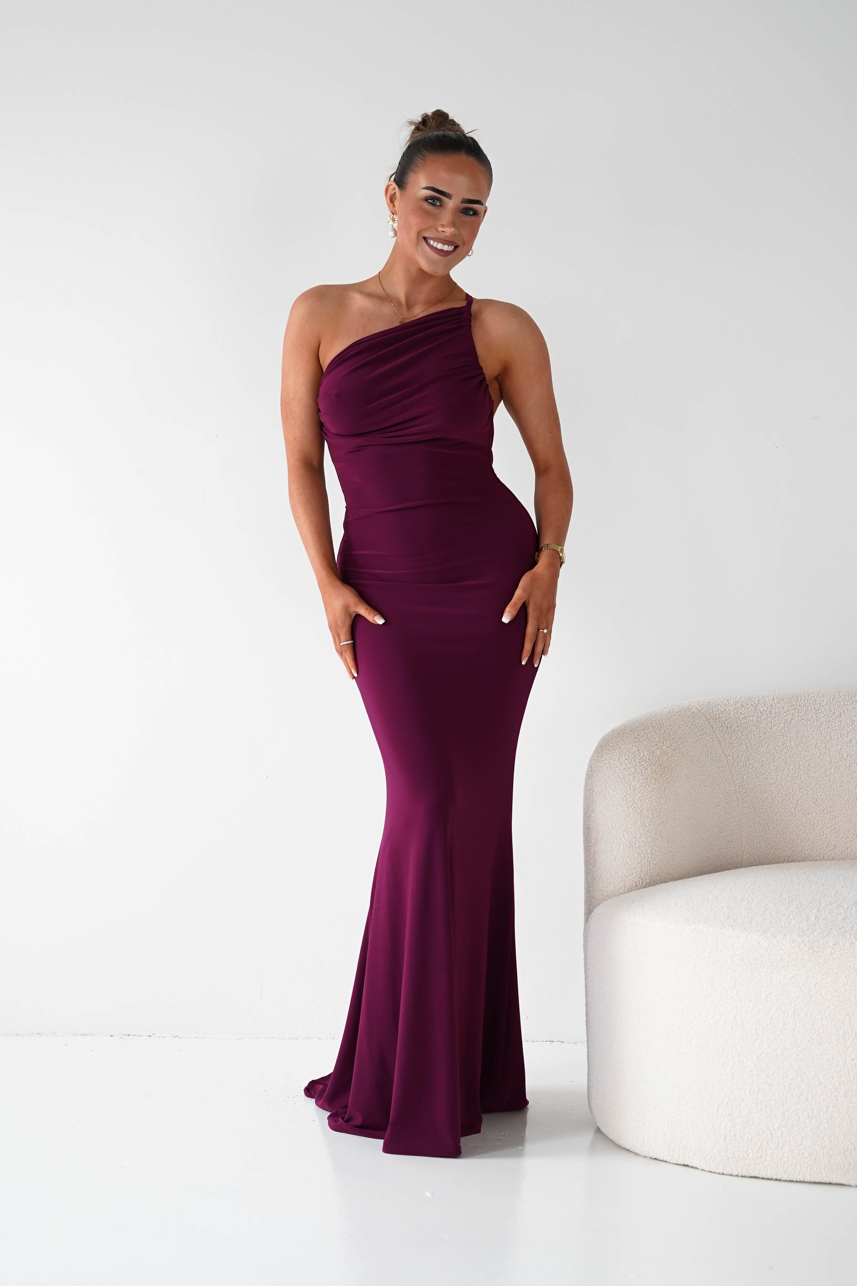 Maia Multi-Way Bodycon Maxi Dress in wine – fabric detail | Velora premium burgundy dresses