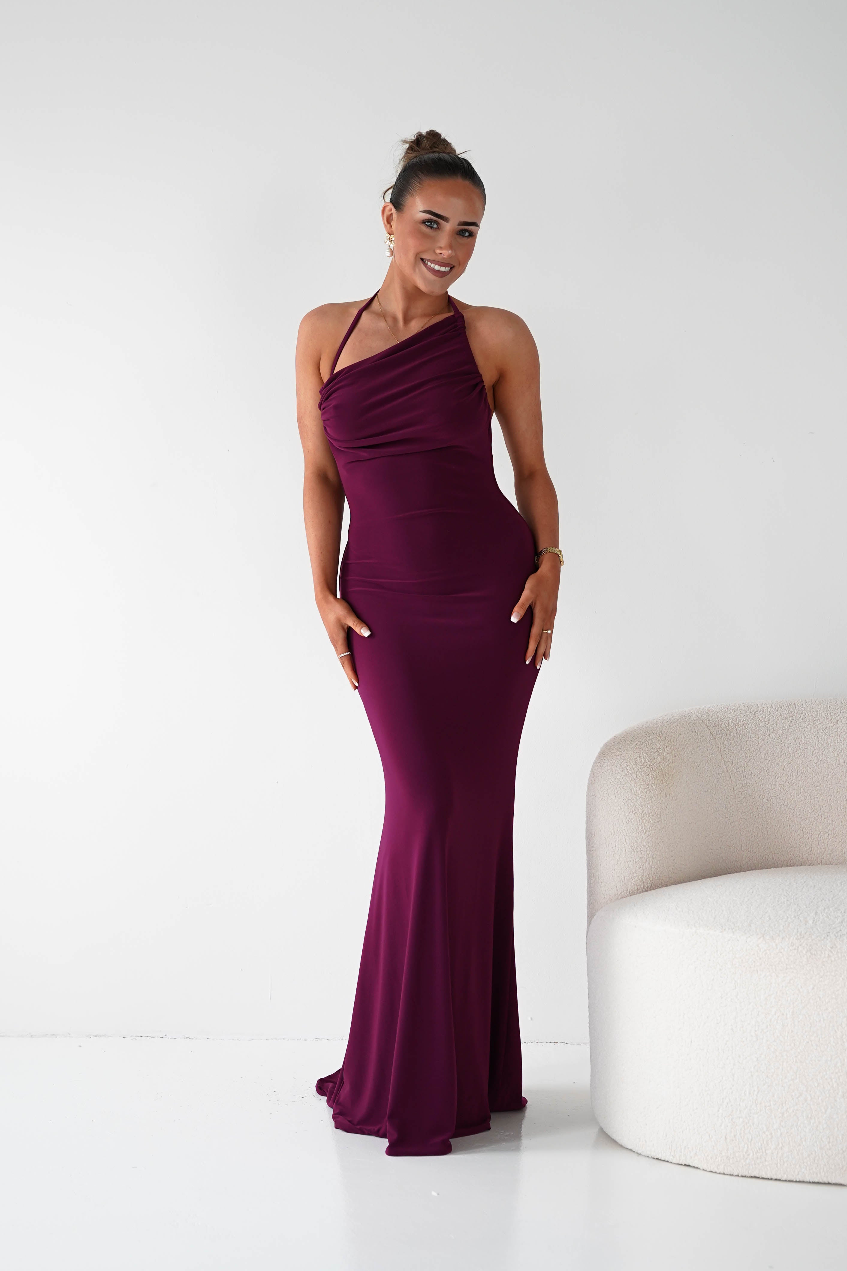 Maia Multi-Way Bodycon Maxi Dress in wine – side view | Velora premium burgundy dresses