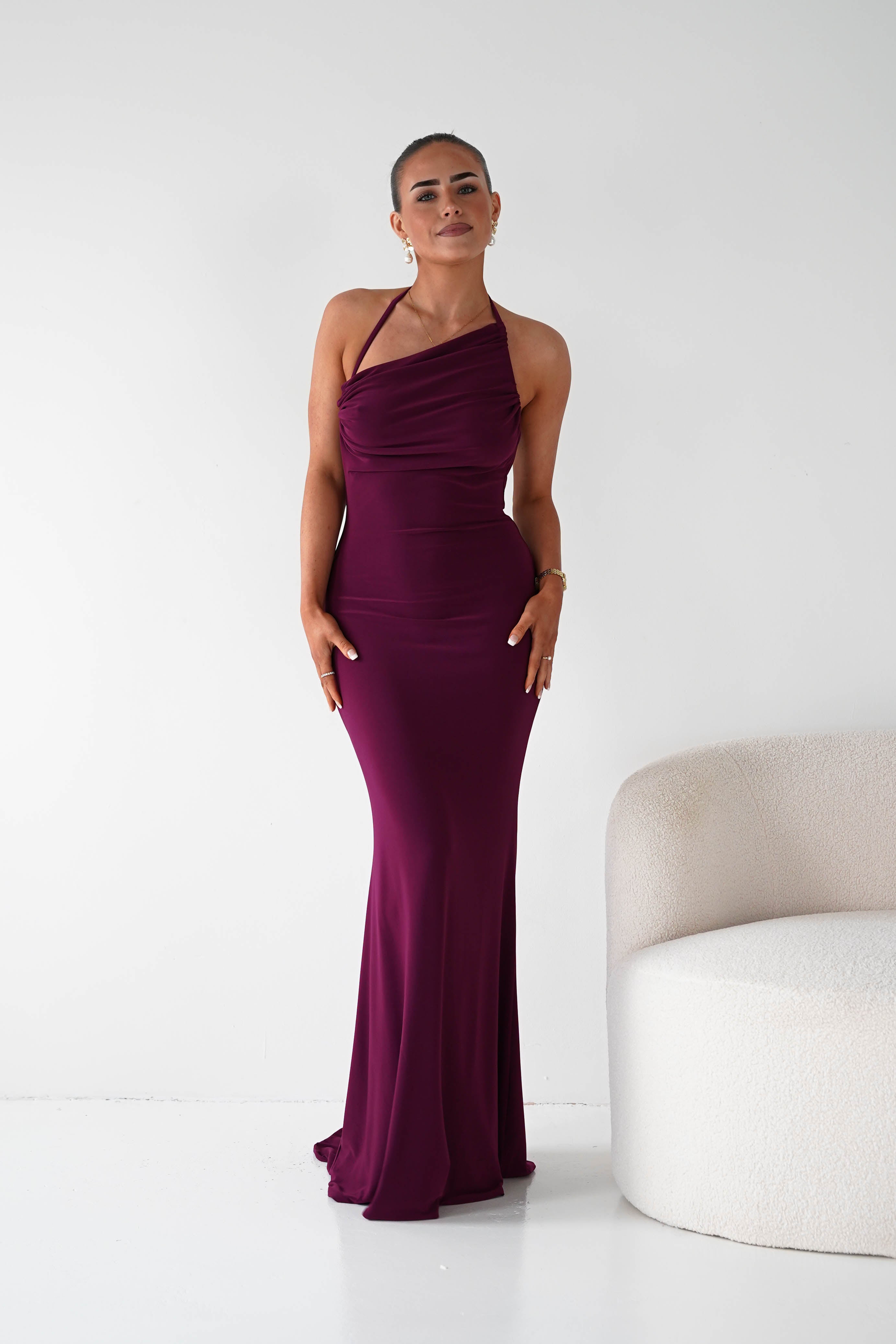Maia Multi-Way Bodycon Maxi Dress in wine – full length view | Velora premium burgundy dresses