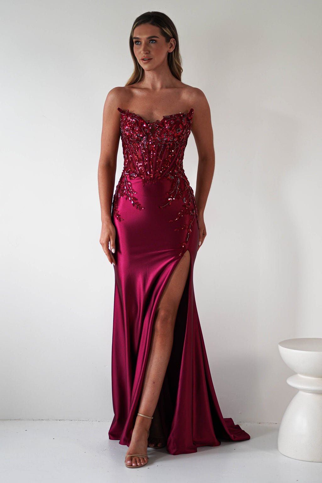 Dallas Luxe Embellished Gown in dark wine – back view | Velora premium burgundy dresses
