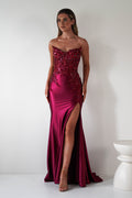 Dallas Luxe Embellished Gown in dark wine – front view | Velora premium burgundy dresses