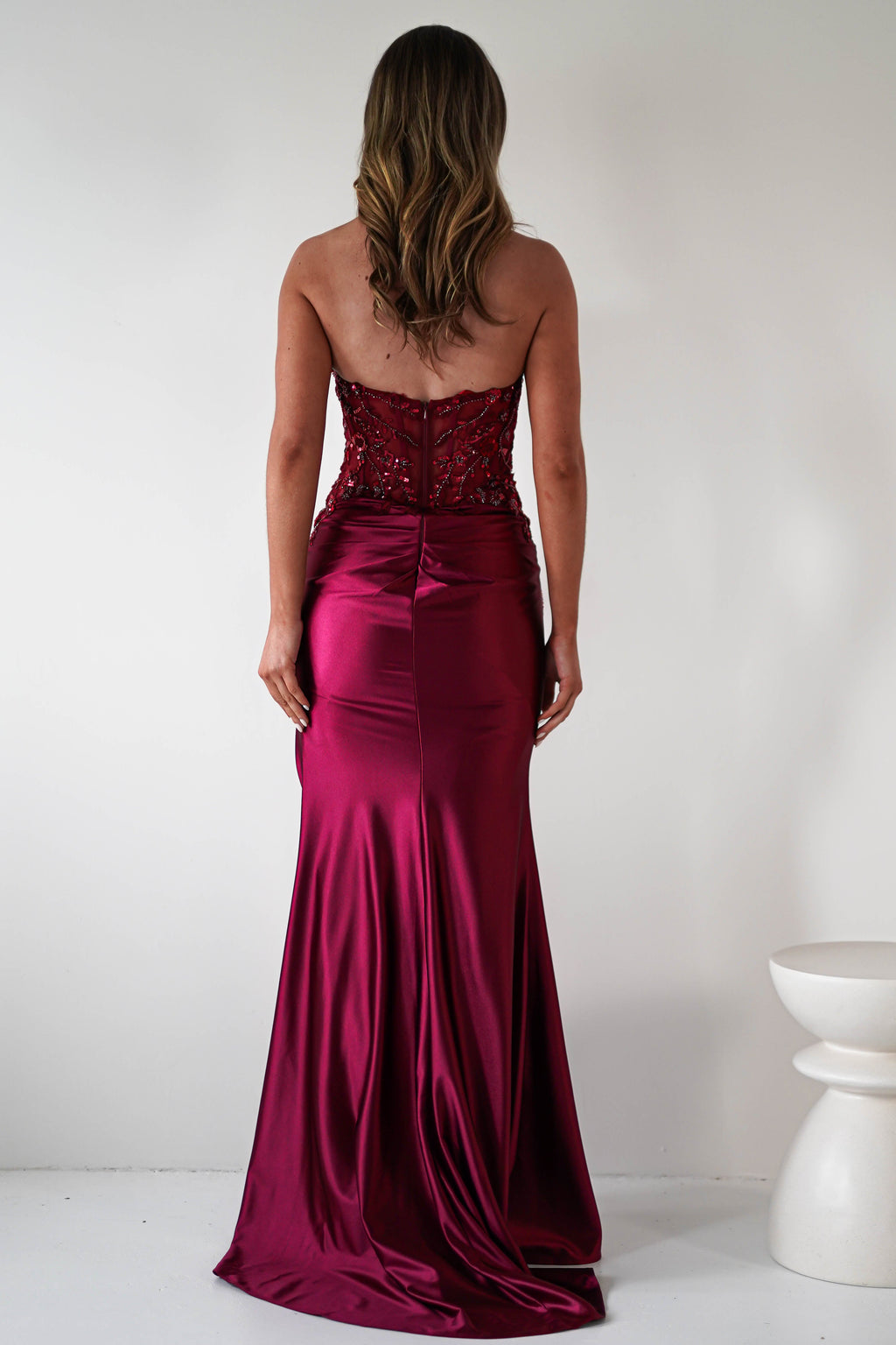 Dallas Luxe Embellished Gown in dark wine – side view | Velora premium burgundy dresses