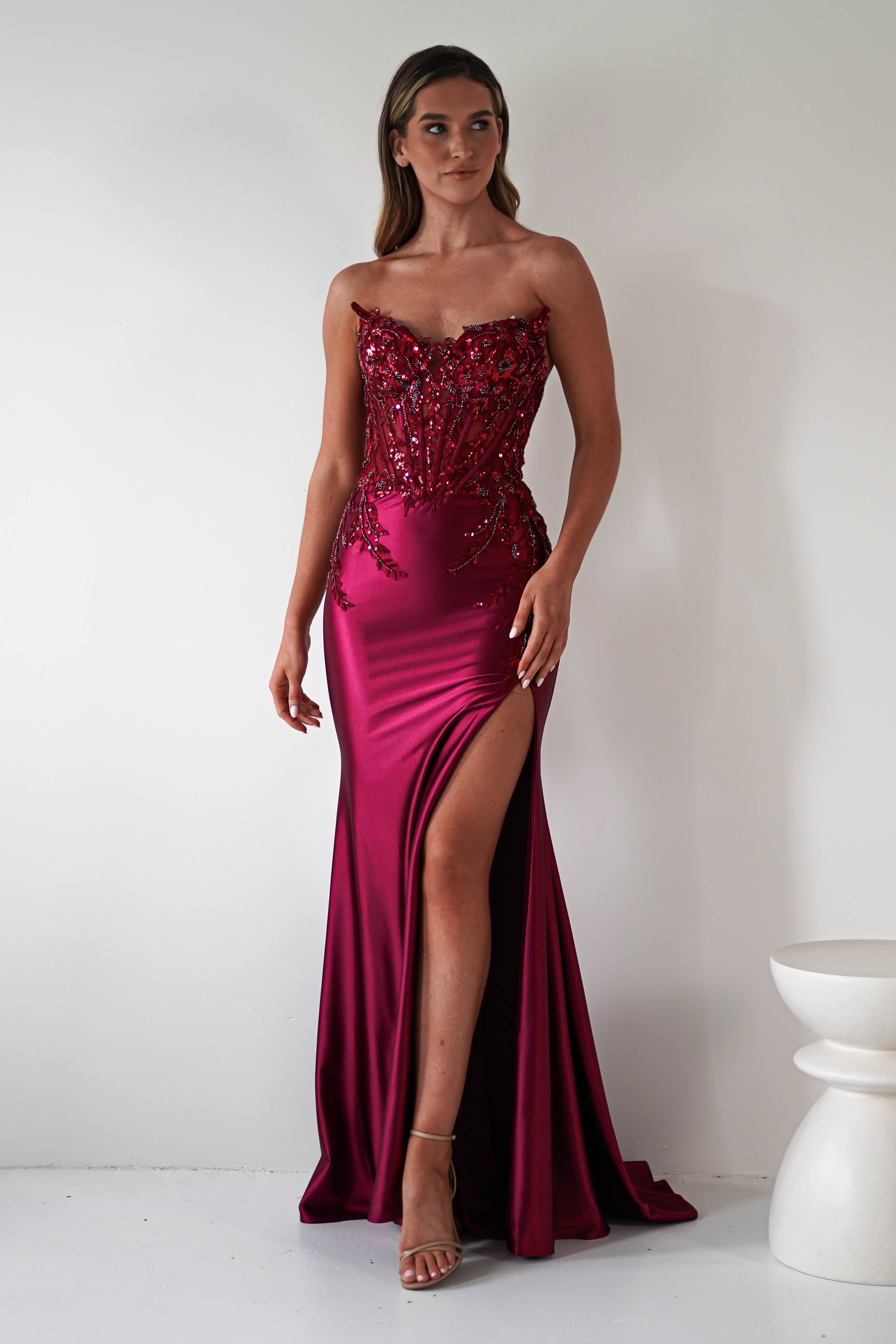 Dallas Luxe Embellished Gown in dark wine – close-up detail | Velora premium burgundy dresses