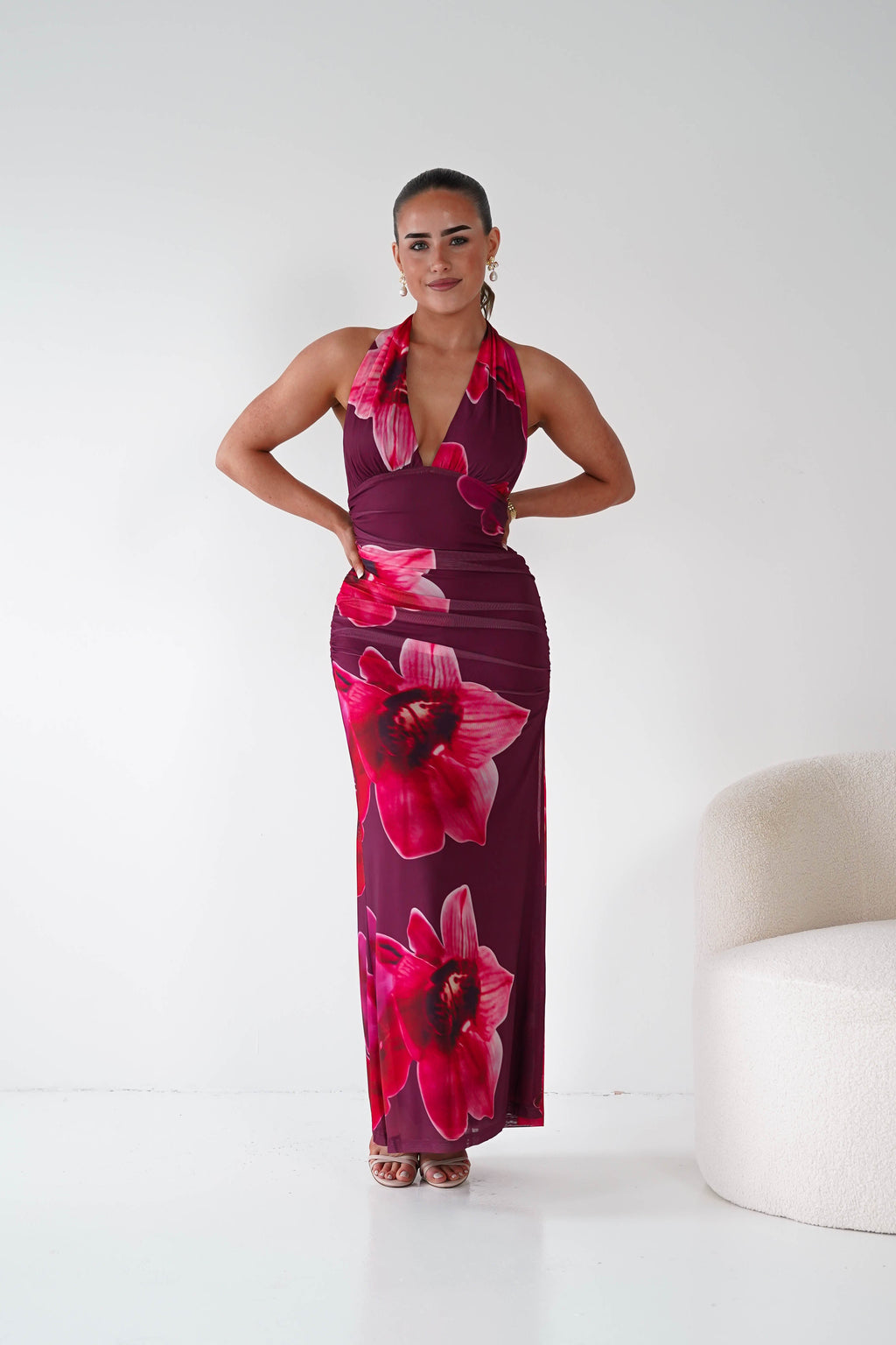 Marloe Floral Tie-Back Ruched Maxi Dress in wine – front view | Velora premium burgundy dresses