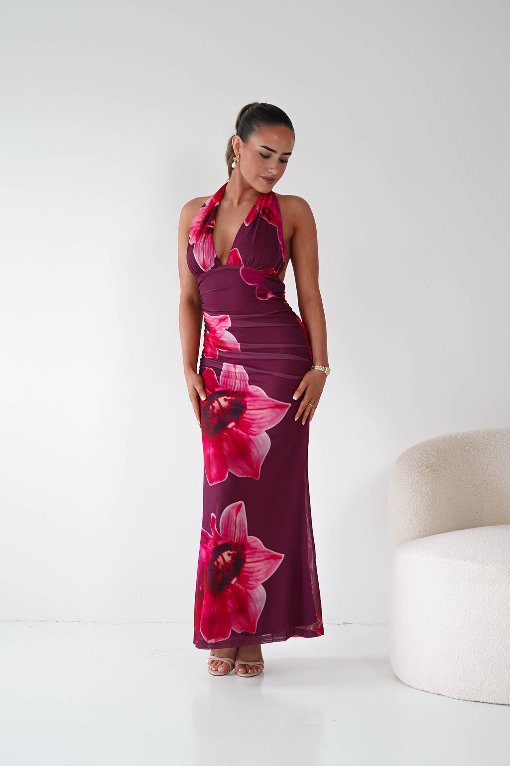 Marloe Floral Tie-Back Ruched Maxi Dress in wine – three-quarter view | Velora premium burgundy dresses