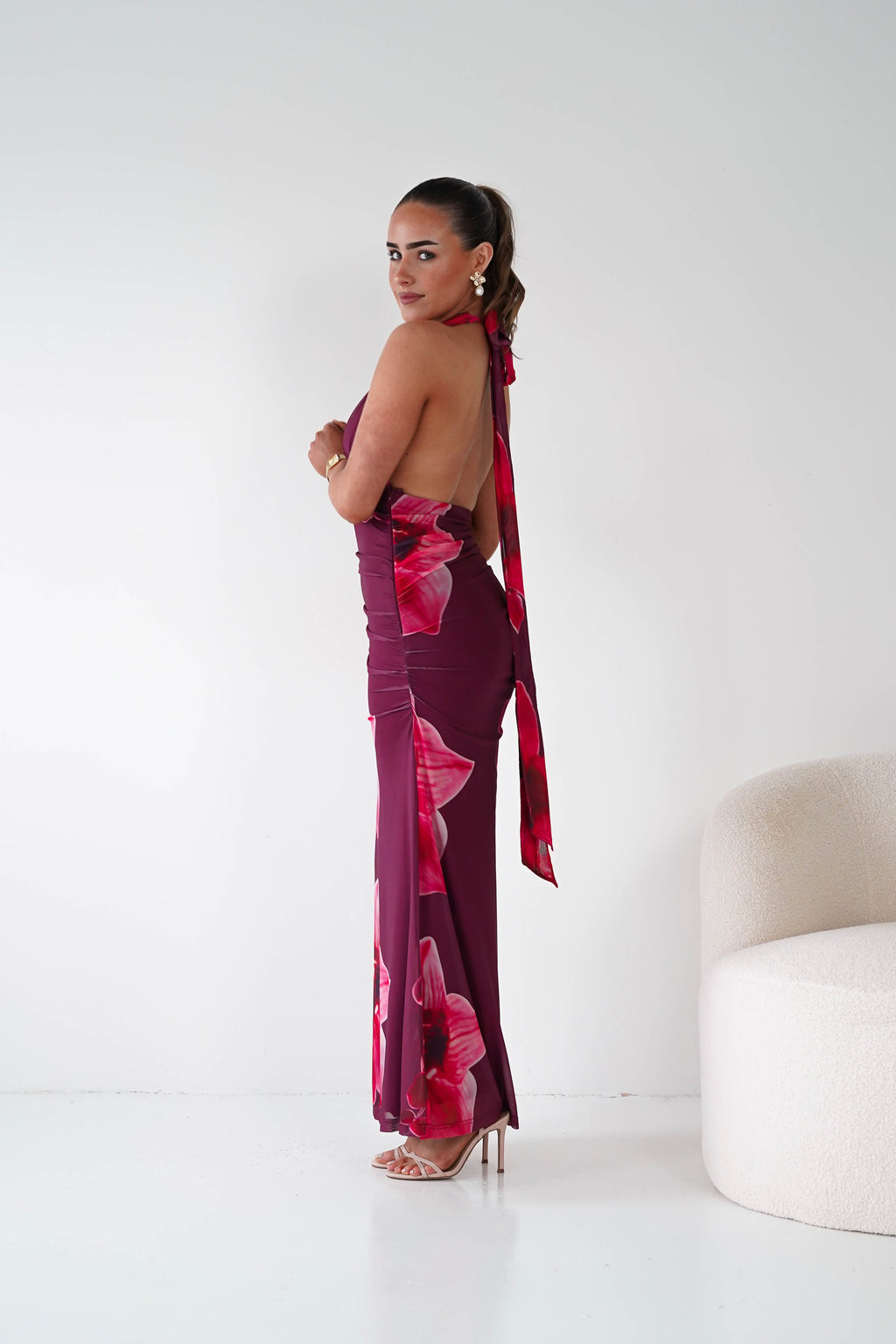 Marloe Floral Tie-Back Ruched Maxi Dress in wine – back view | Velora premium burgundy dresses