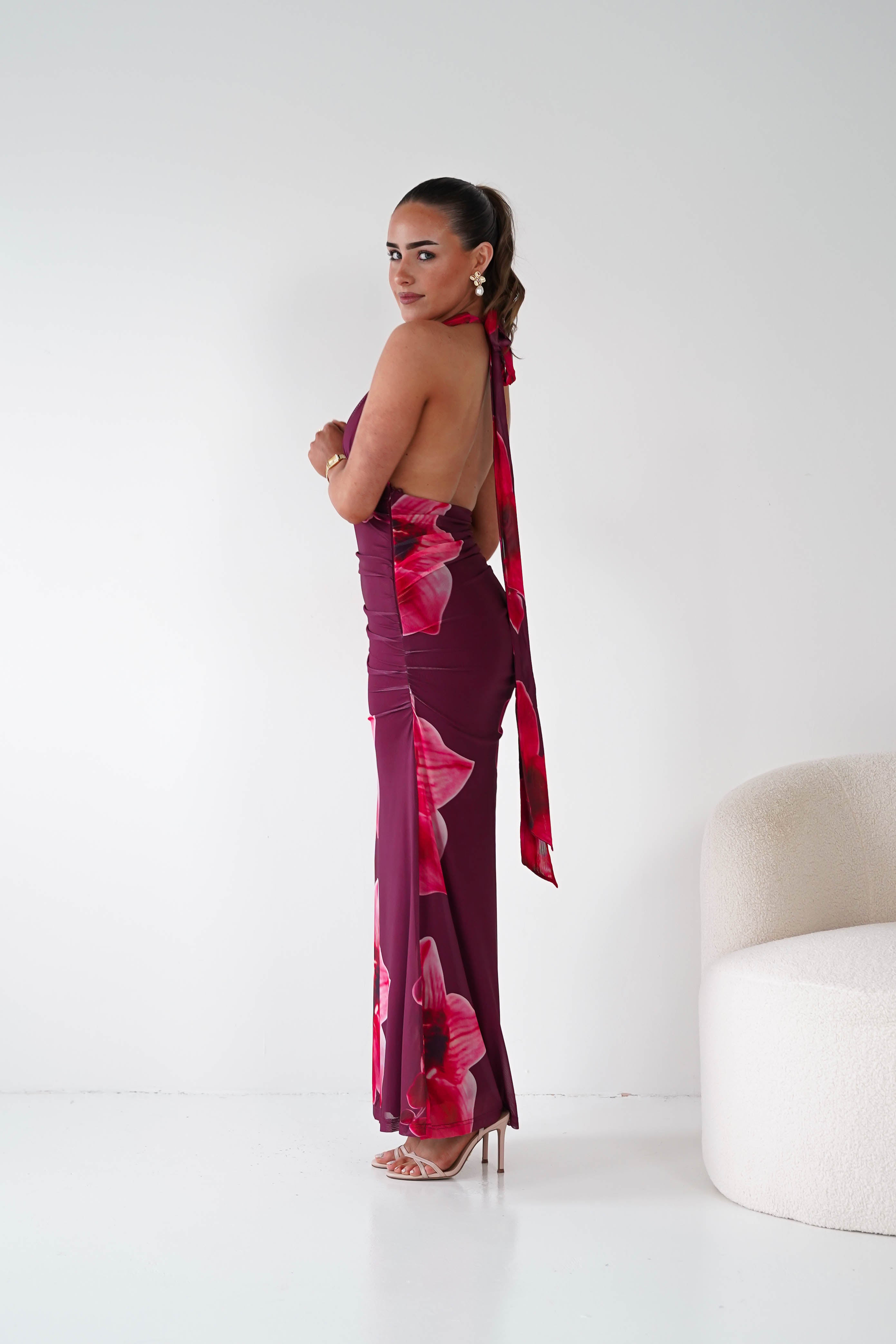 Marloe Floral Tie-Back Ruched Maxi Dress in wine – back view | Velora premium burgundy dresses