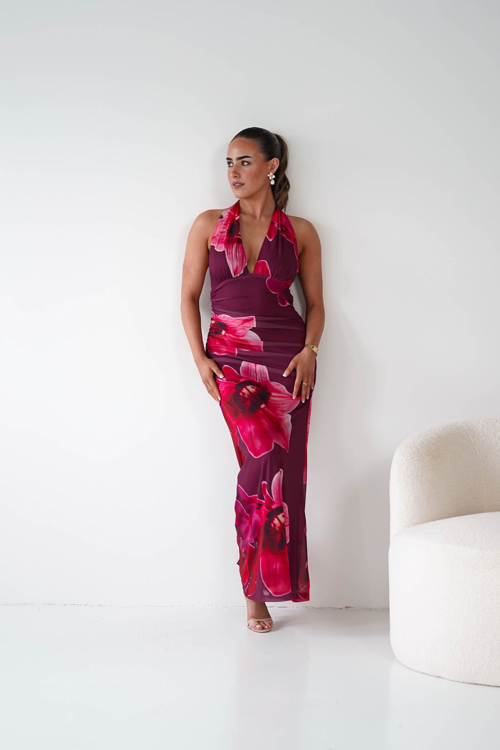 Marloe Floral Tie-Back Ruched Maxi Dress in wine – neckline detail | Velora premium burgundy dresses