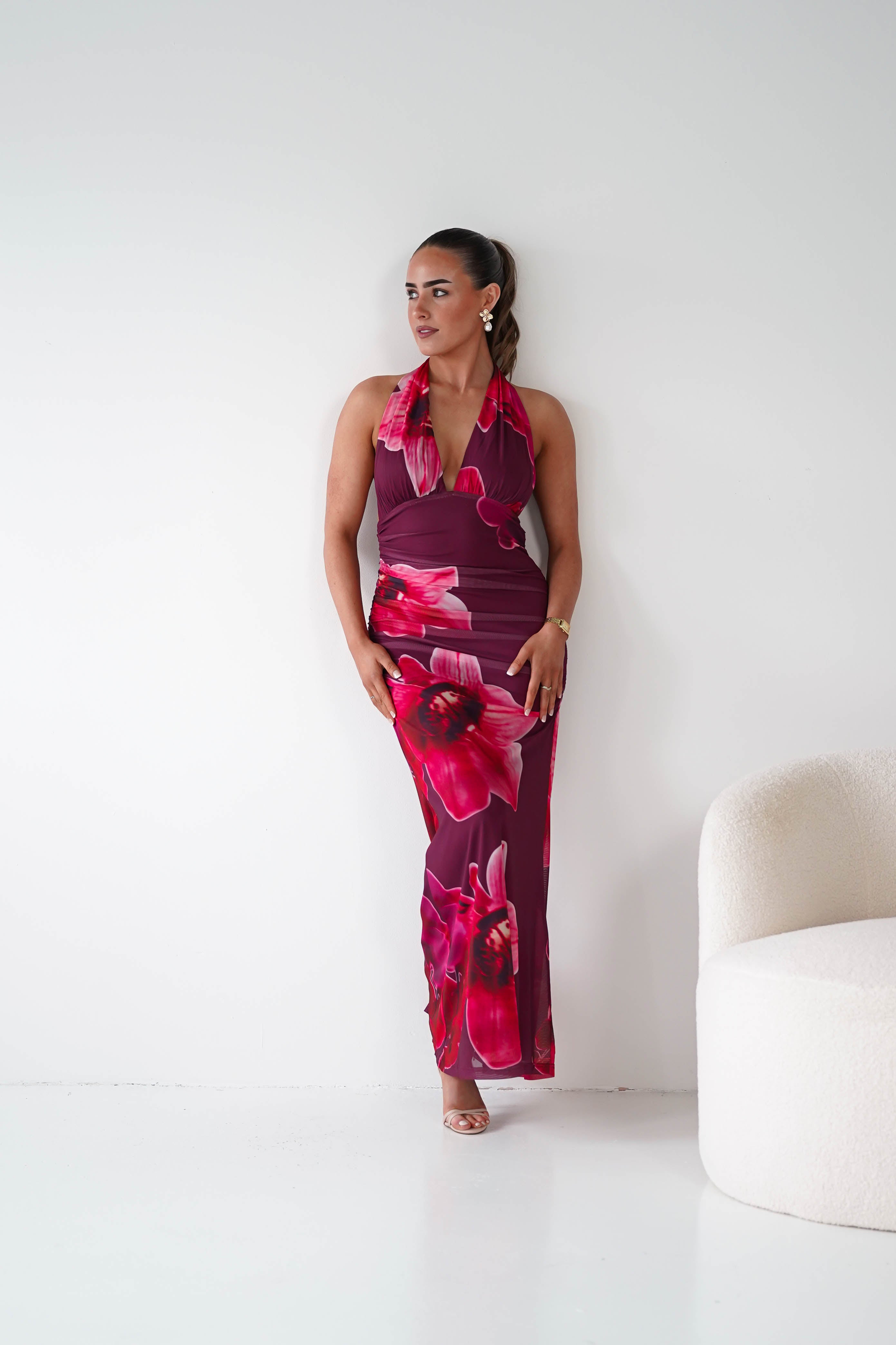 Marloe Floral Tie-Back Ruched Maxi Dress in wine – neckline detail | Velora premium burgundy dresses