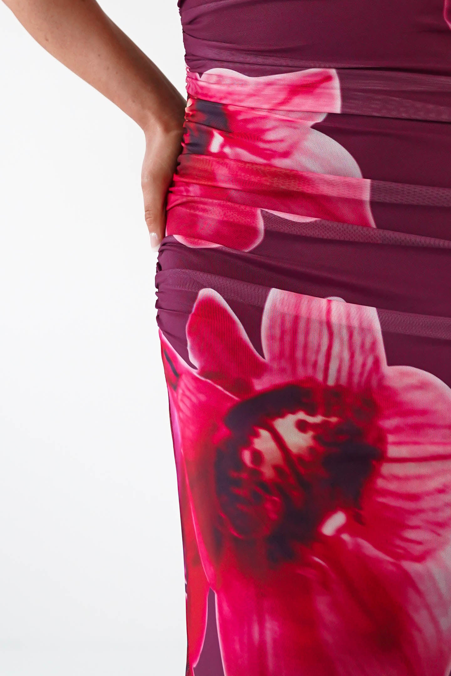 Marloe Floral Tie-Back Ruched Maxi Dress in wine – styled with heels | Velora premium burgundy dresses