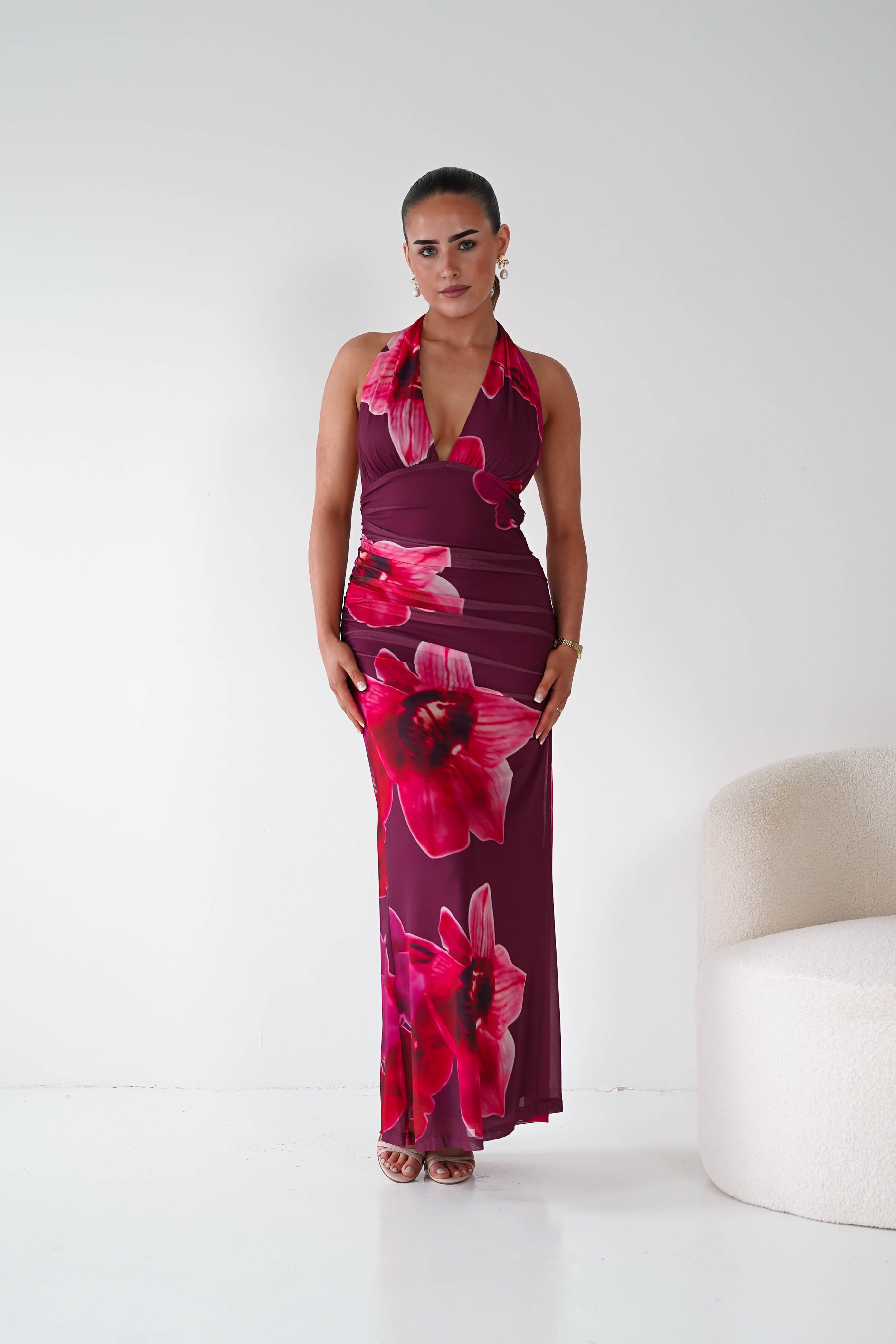 Marloe Floral Tie-Back Ruched Maxi Dress in wine – side view | Velora premium burgundy dresses