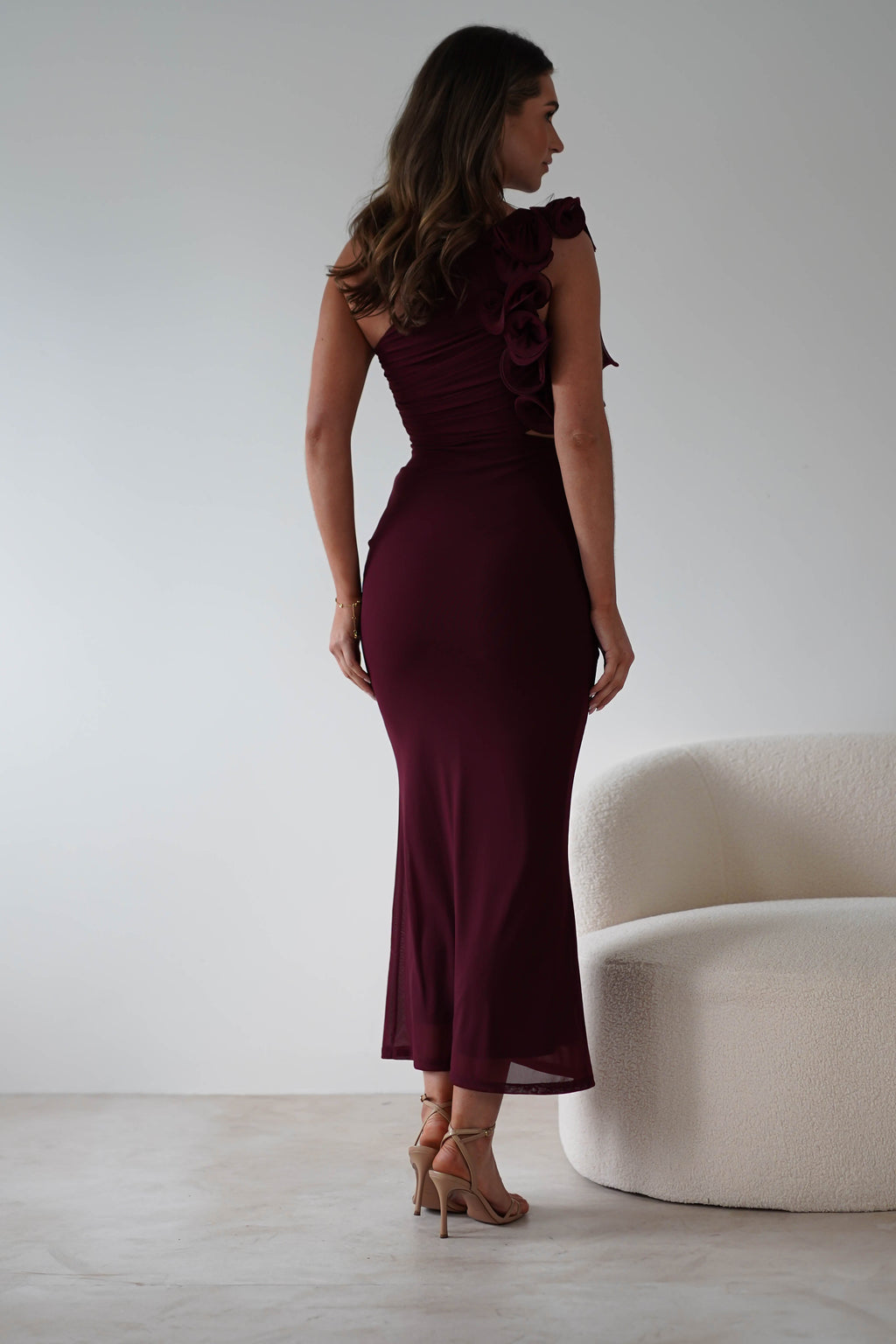 Sydney Bodycon Maxi Dress in wine – full length view | Velora premium burgundy dresses