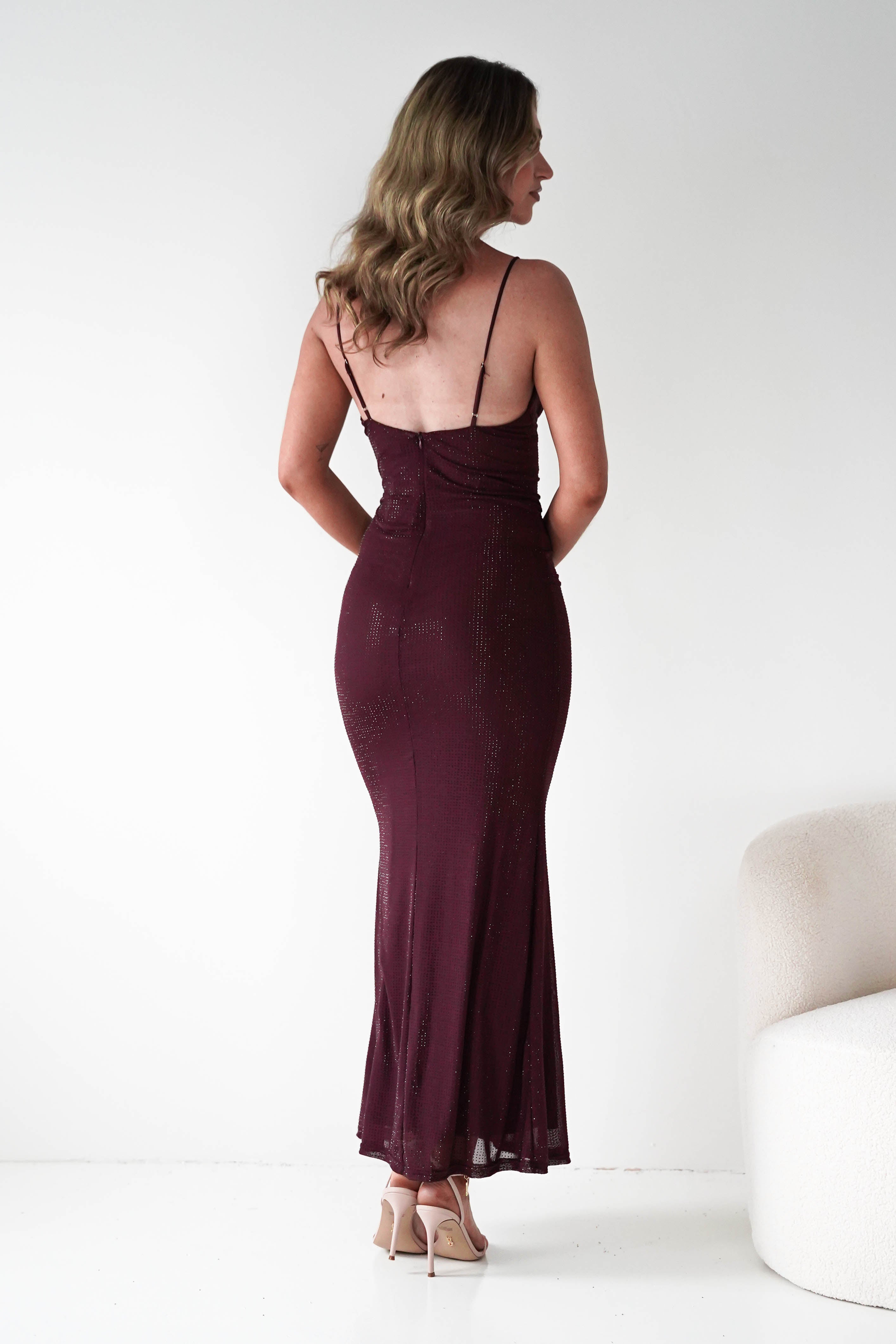Almarie Diamante Mesh V-Neck Maxi Dress in wine – full length view | Velora premium burgundy dresses