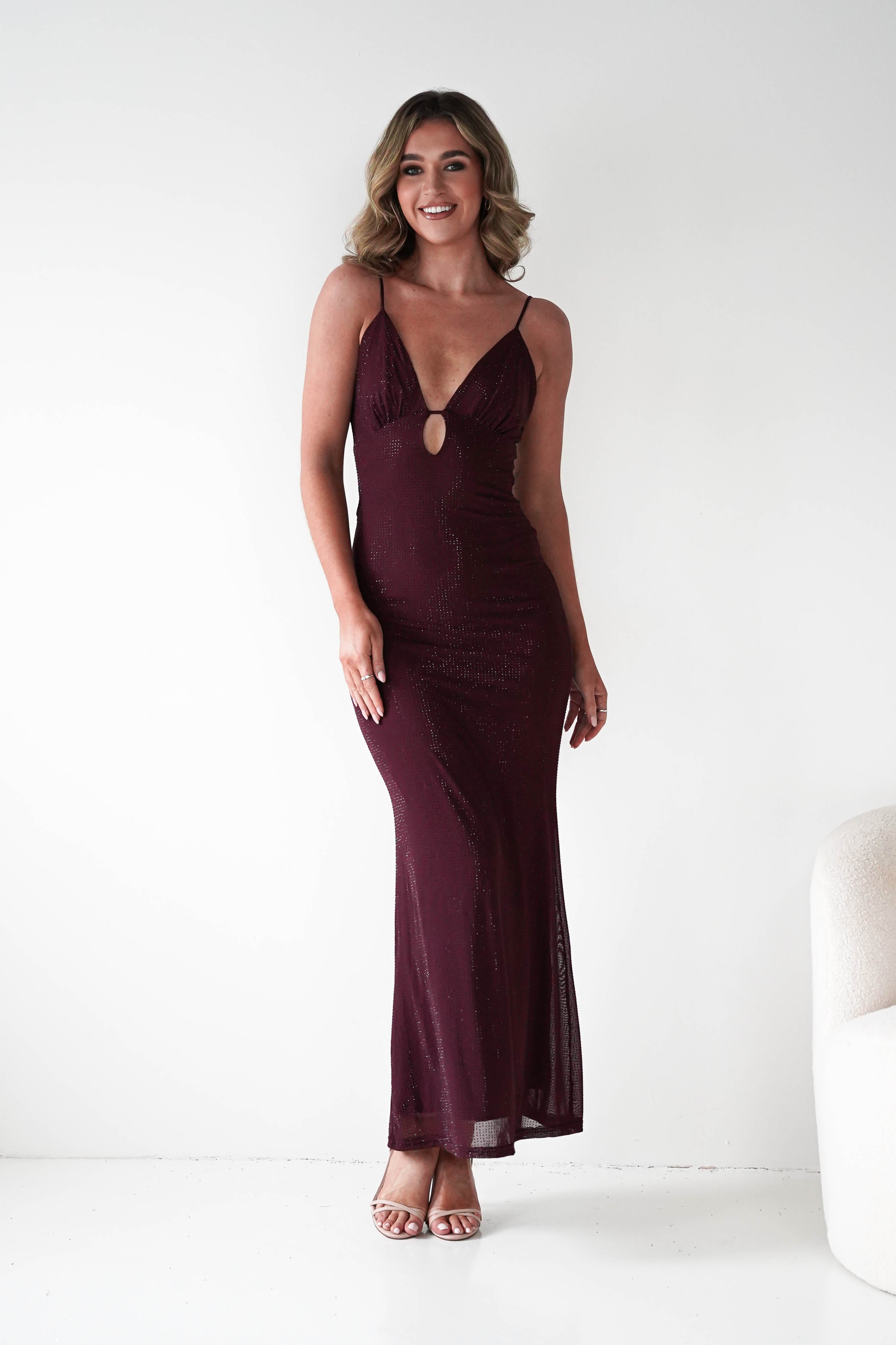 Almarie Diamante Mesh V-Neck Maxi Dress in wine – styled with heels | Velora premium burgundy dresses