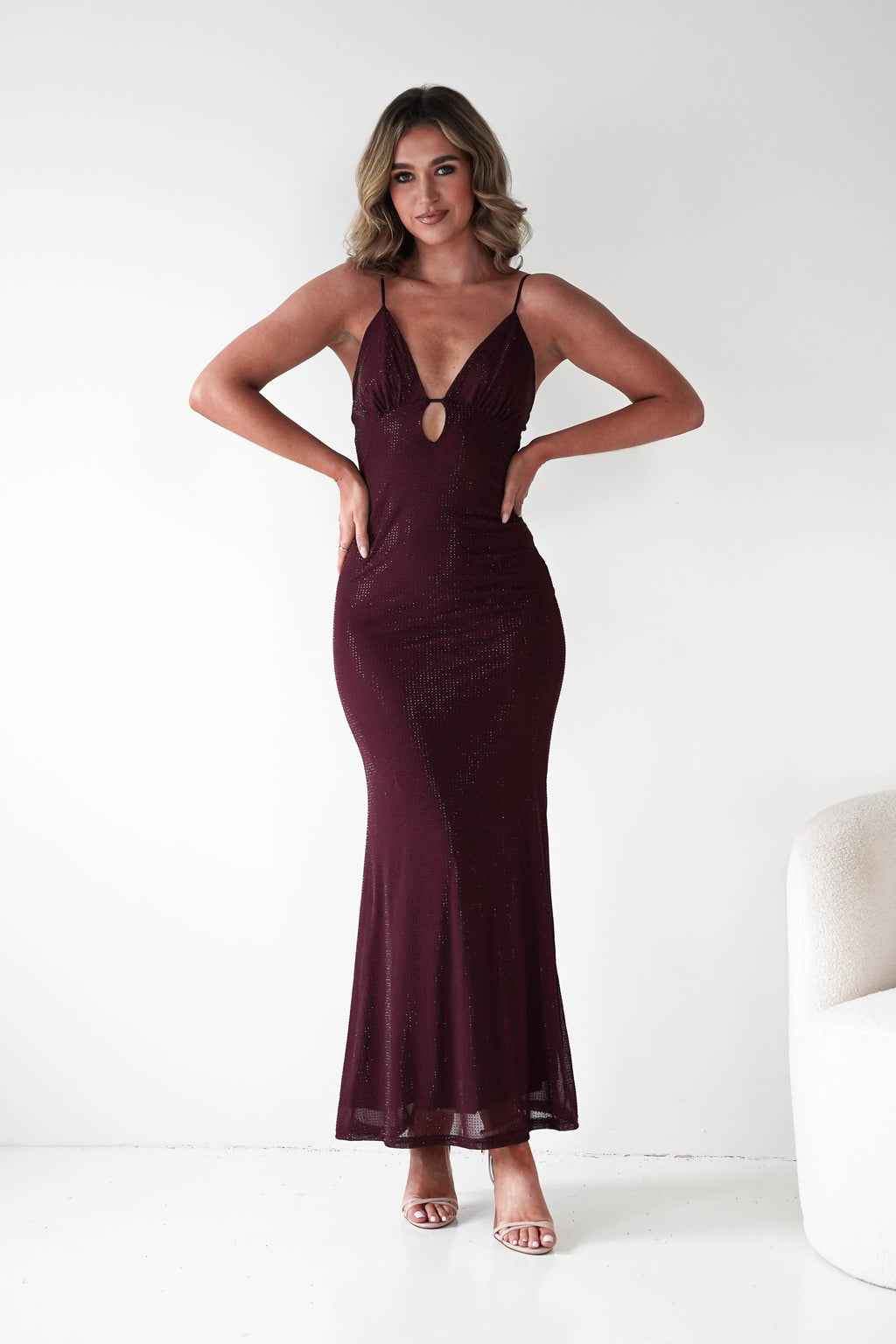 Almarie Diamante Mesh V-Neck Maxi Dress in wine – fabric detail | Velora premium burgundy dresses