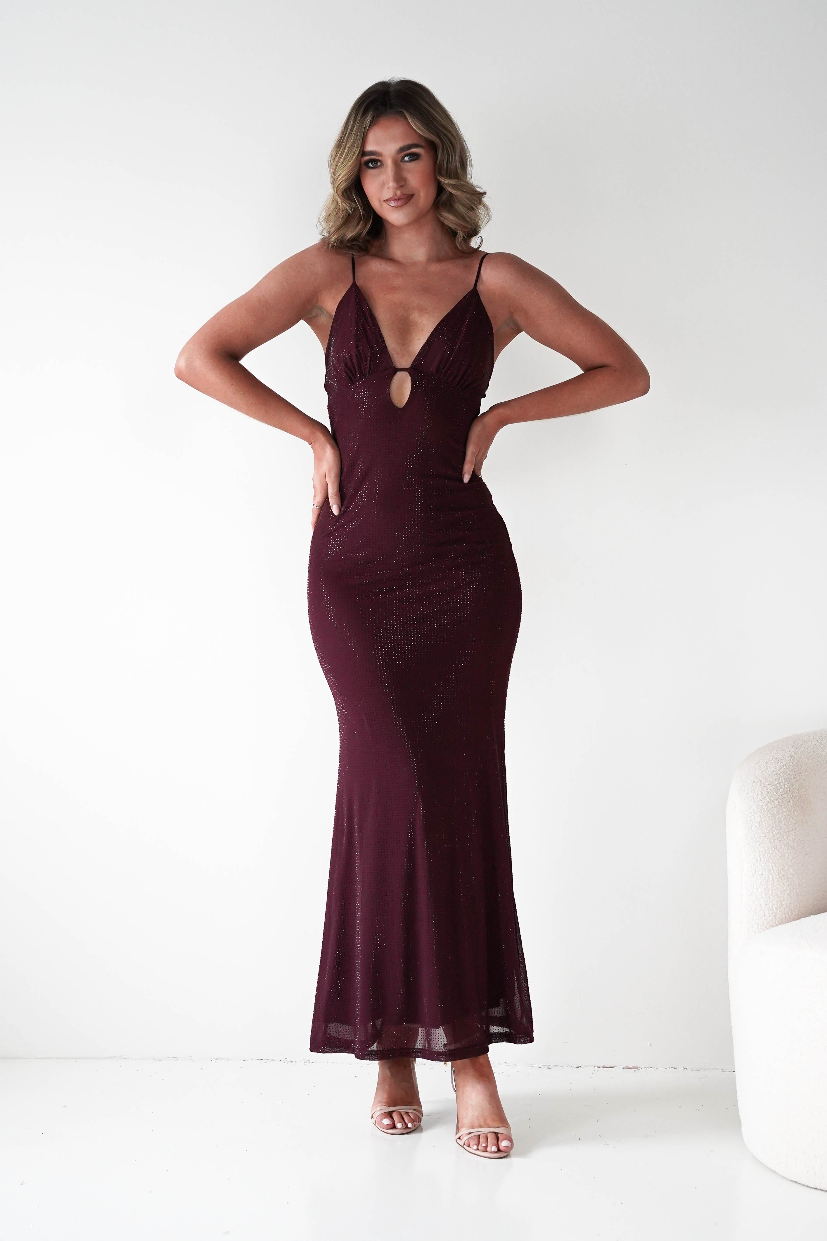 Almarie Diamante Mesh V-Neck Maxi Dress in wine – fabric detail | Velora premium burgundy dresses