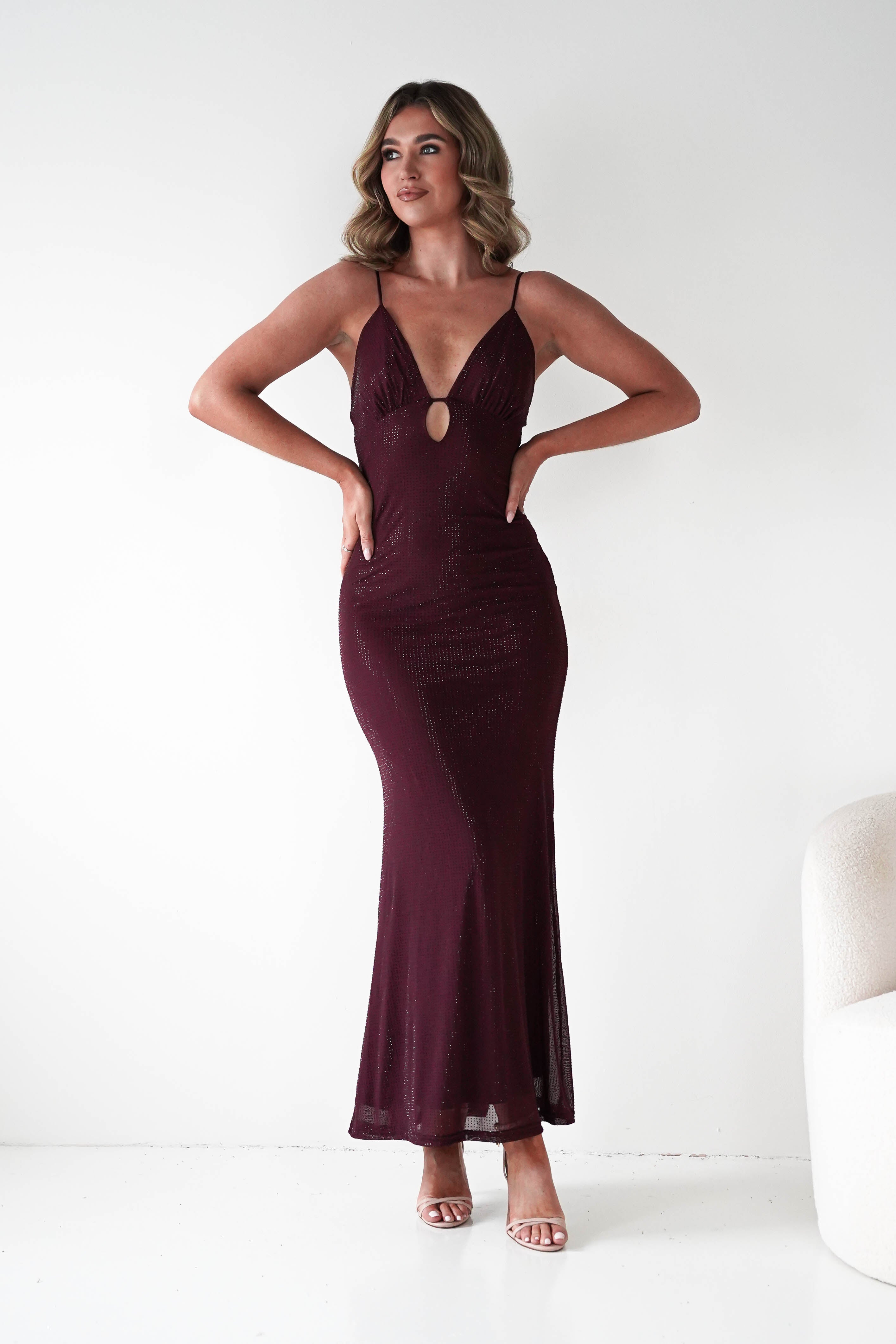 Almarie Diamante Mesh V-Neck Maxi Dress in wine – side view | Velora premium burgundy dresses