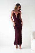 Almarie Diamante Mesh V-Neck Maxi Dress in wine – front view | Velora premium burgundy dresses