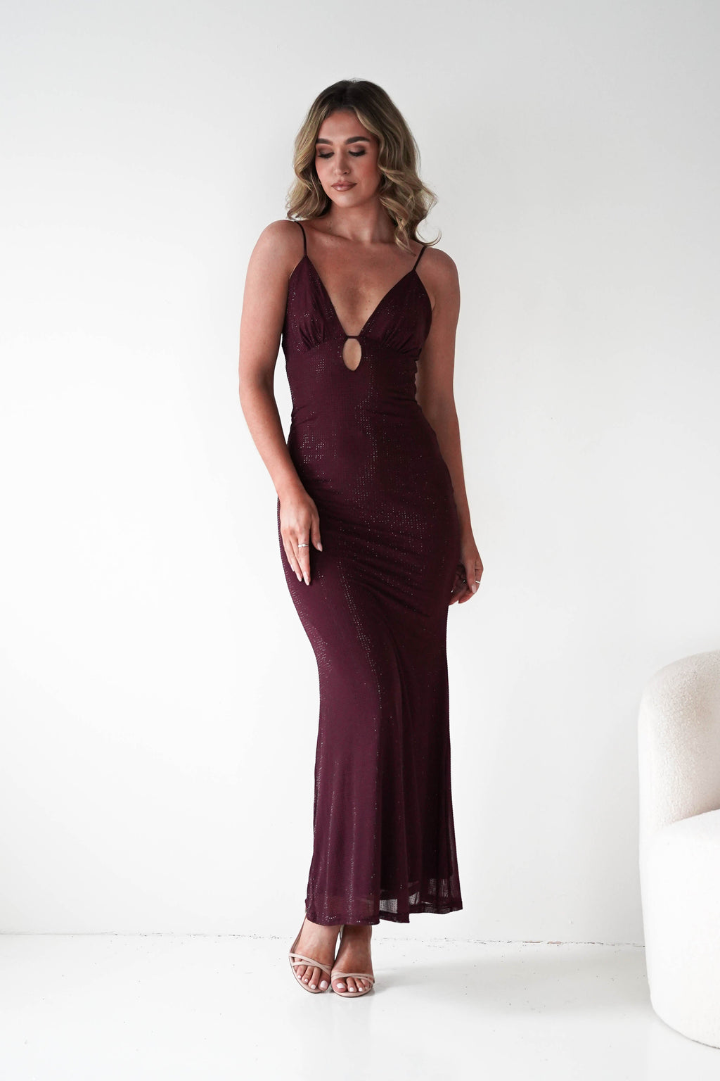 Almarie Diamante Mesh V-Neck Maxi Dress in wine – close-up detail | Velora premium burgundy dresses