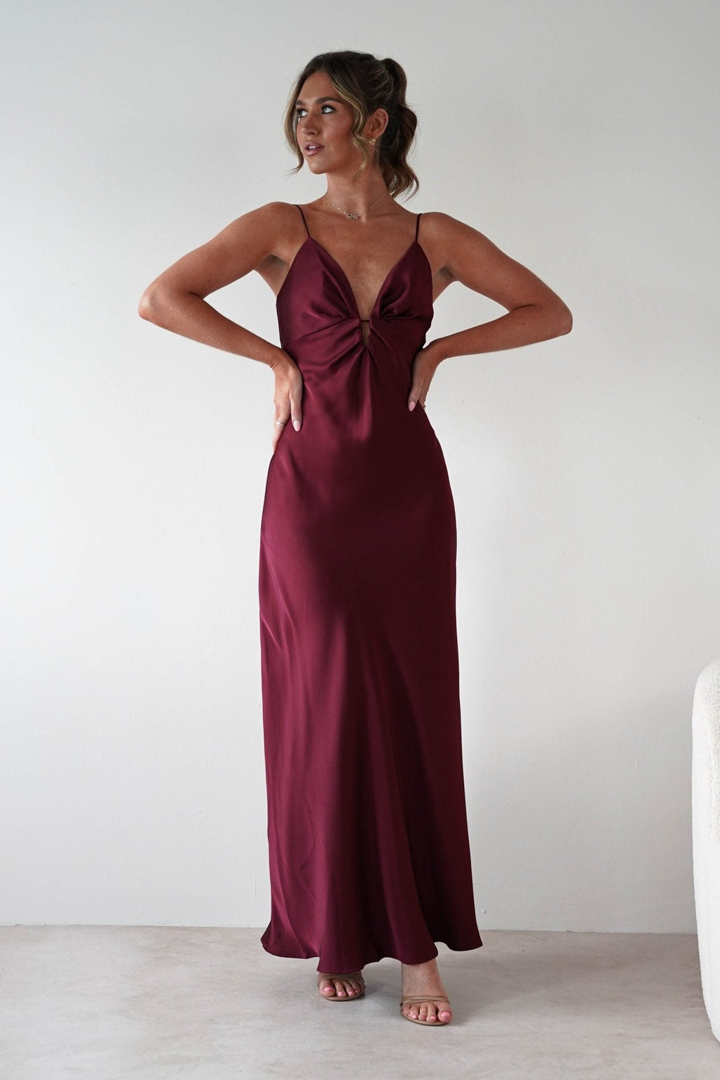 Adley Soft Satin Maxi Dress in burgundy – fabric detail | Velora premium burgundy dresses