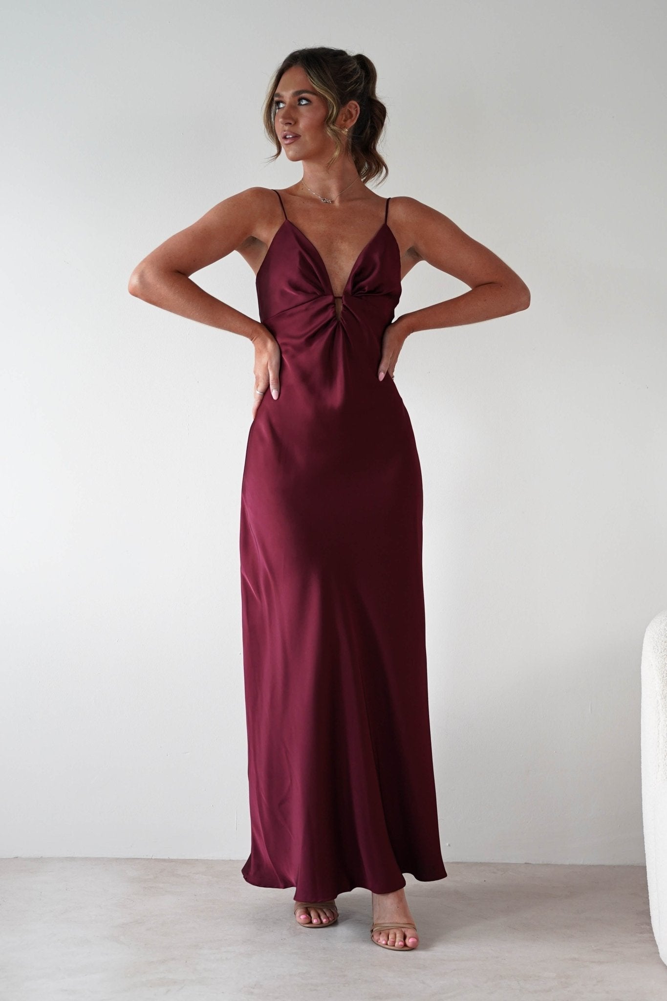 Adley Soft Satin Maxi Dress in burgundy – fabric detail | Velora premium burgundy dresses