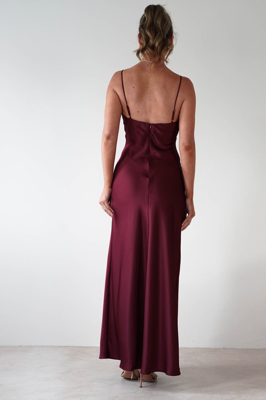 Adley Soft Satin Maxi Dress in burgundy – neckline detail | Velora premium burgundy dresses
