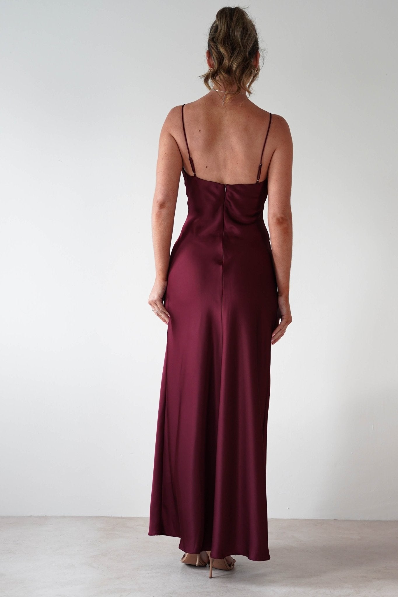 Adley Soft Satin Maxi Dress in burgundy – neckline detail | Velora premium burgundy dresses