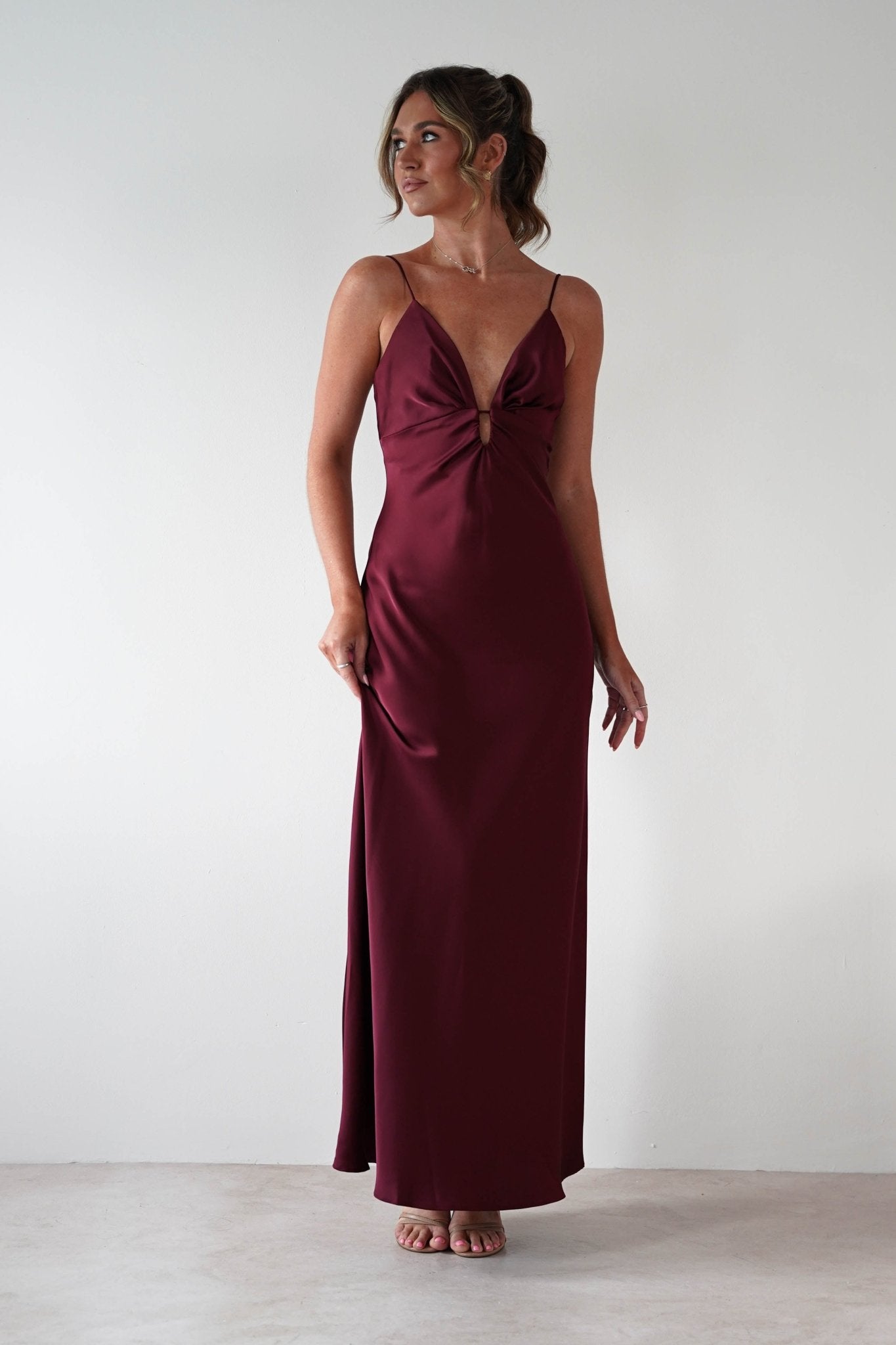 Adley Soft Satin Maxi Dress in burgundy – full length view | Velora premium burgundy dresses