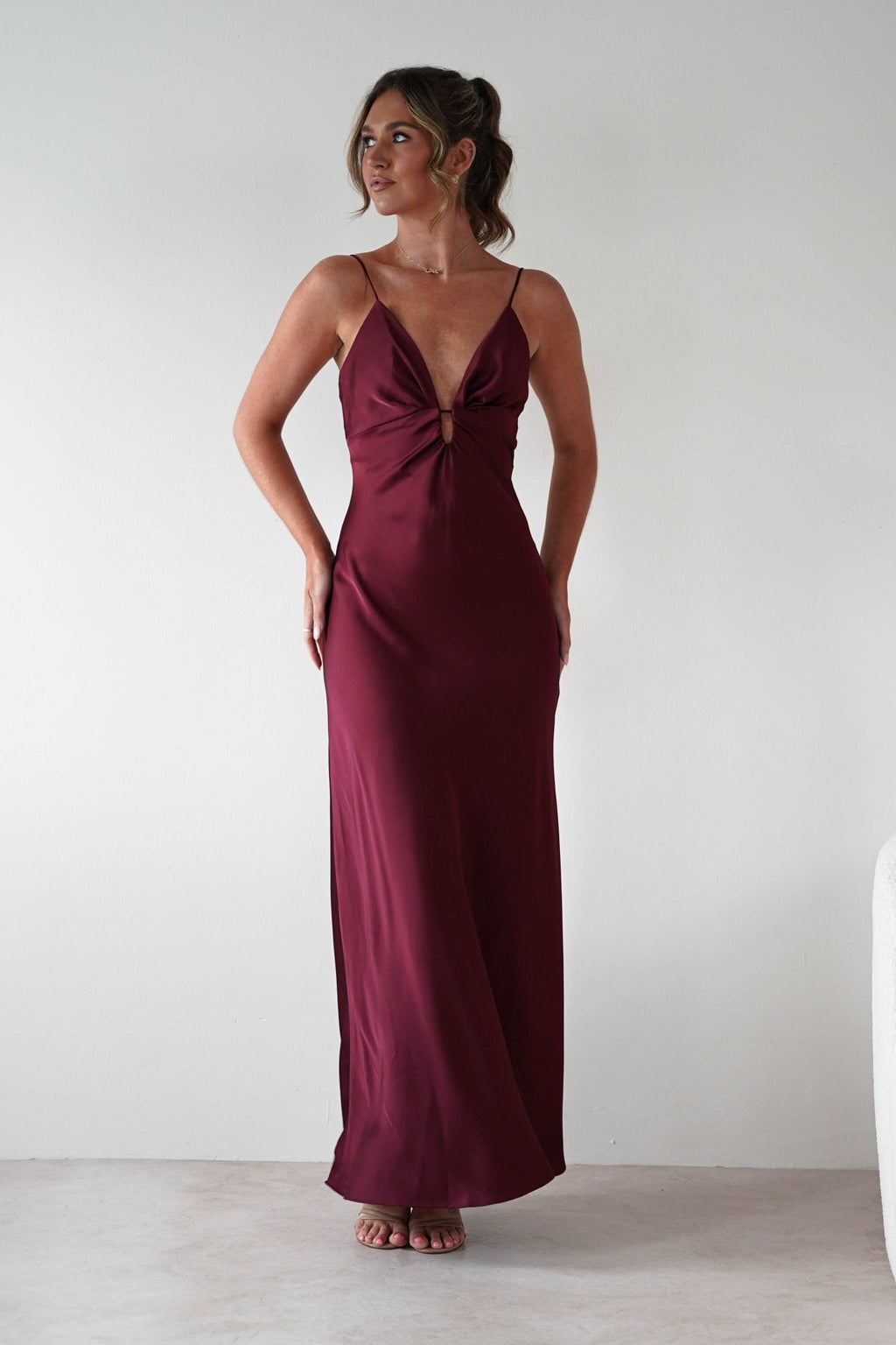 Adley Soft Satin Maxi Dress in burgundy – back view | Velora premium burgundy dresses