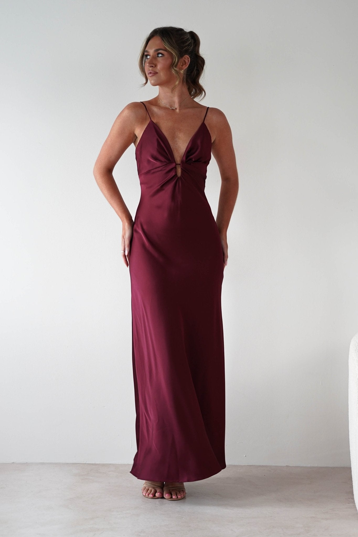 Adley Soft Satin Maxi Dress in burgundy – back view | Velora premium burgundy dresses